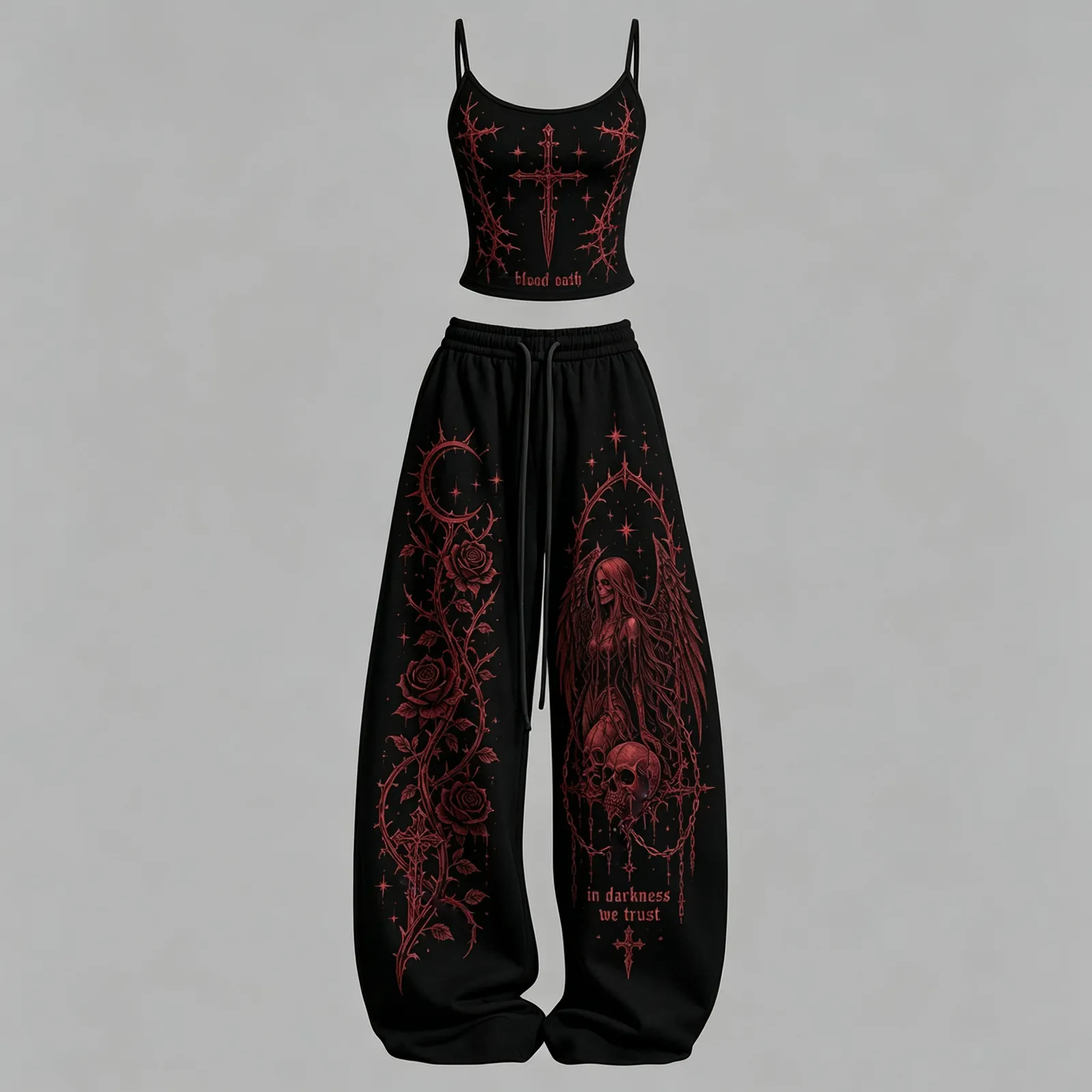 Gothic Heart Blood Oath Cami Top and Elasticated Trousers Two-Piece Set, Women's Black and Red In Darkness We Trust Goth Lounge Outfit
