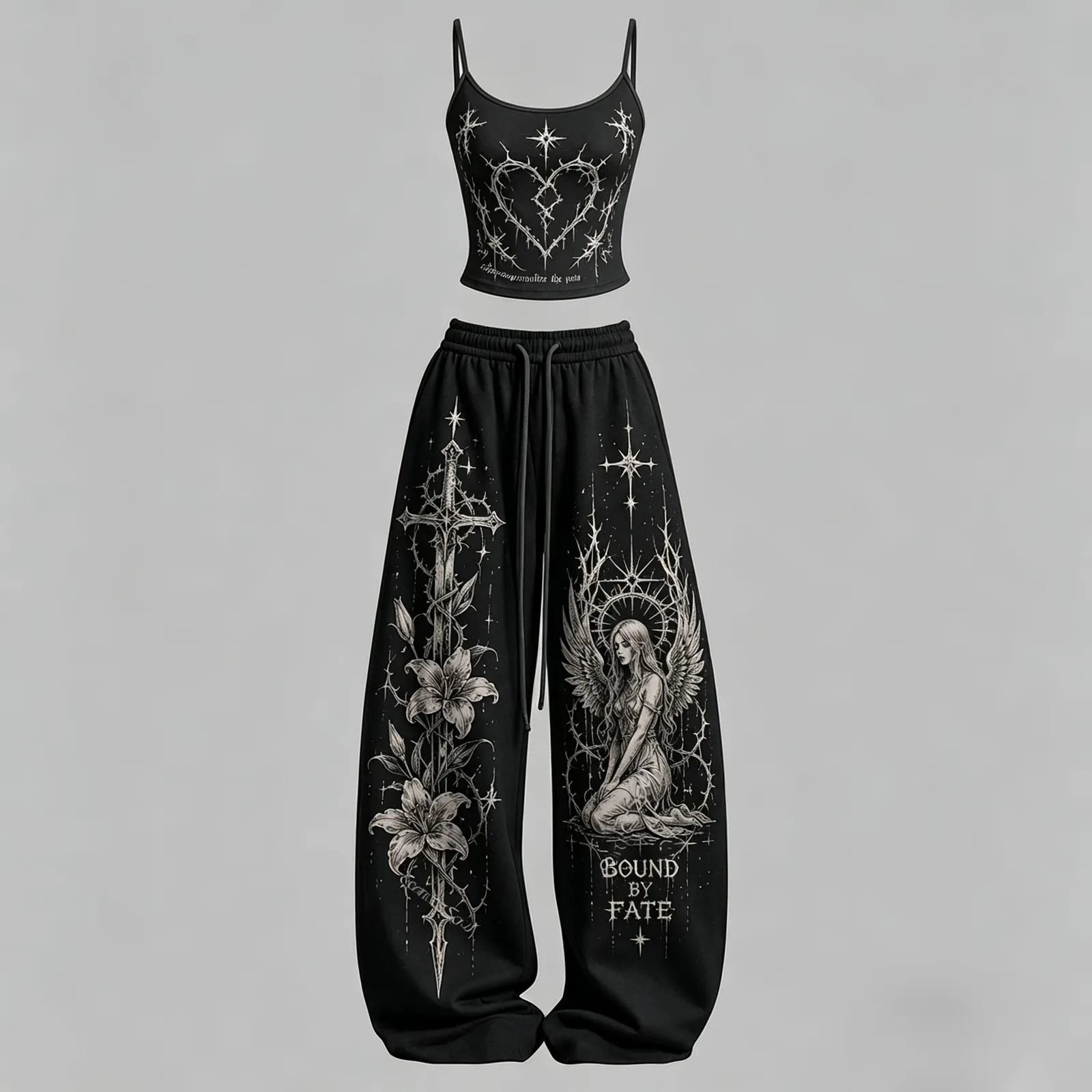 Gothic Heart Cami Crop Top and Wide Leg Trousers Two-Piece Set, Women's Black Thorns and Angel Bound by Fate Lounge Outfit, Dark Aesthetic