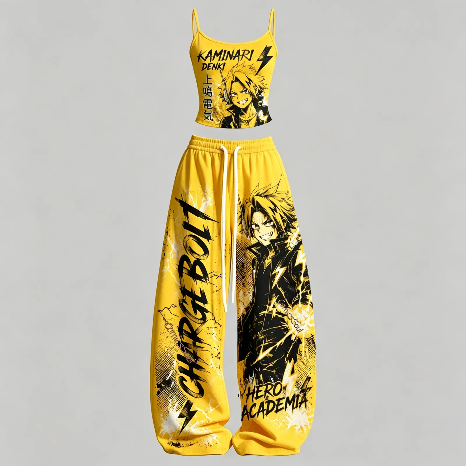 My Hero Academia Kaminari Denki Chargebolt Cami Crop Top and Wide Leg Trousers Two-Piece Set, Women's Yellow Lightning Anime Lounge Outfit