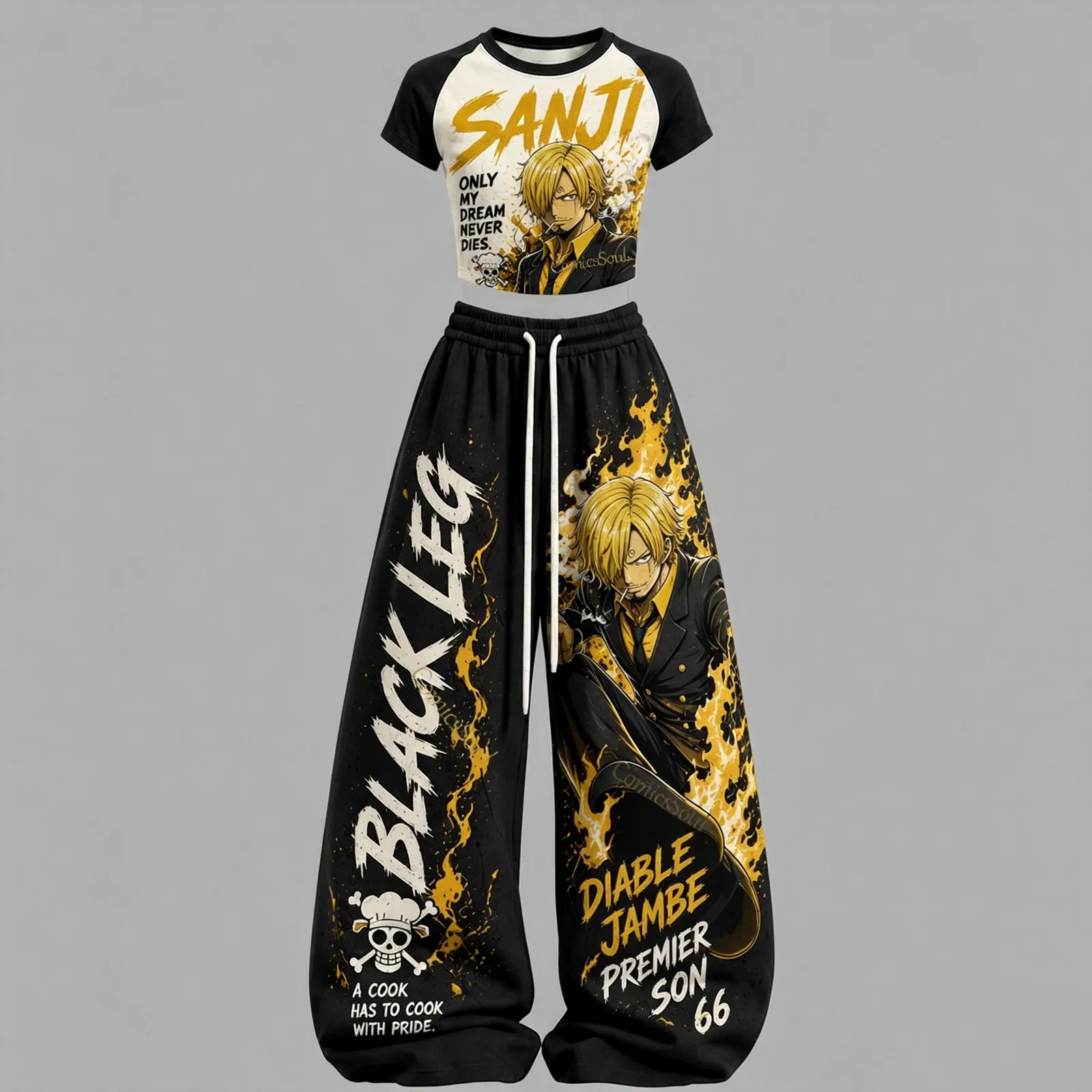 One Piece Sanji Black Leg Crop Tee and Wide Leg Trousers Two-Piece Set, Women's Gold Flame Diable Jambe Anime Lounge Outfit, Matching Set