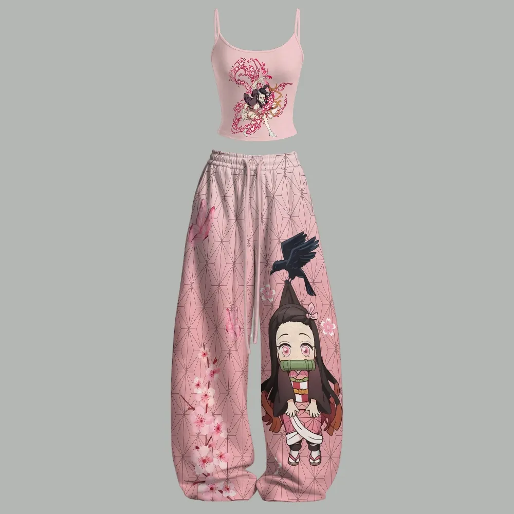 Demon Slayer Nezuko Kamado Cami Crop Top and Wide Leg Trousers Two-Piece Set, Pink Asanoha Cherry Blossom Anime Lounge Outfit, Women's Co-ord