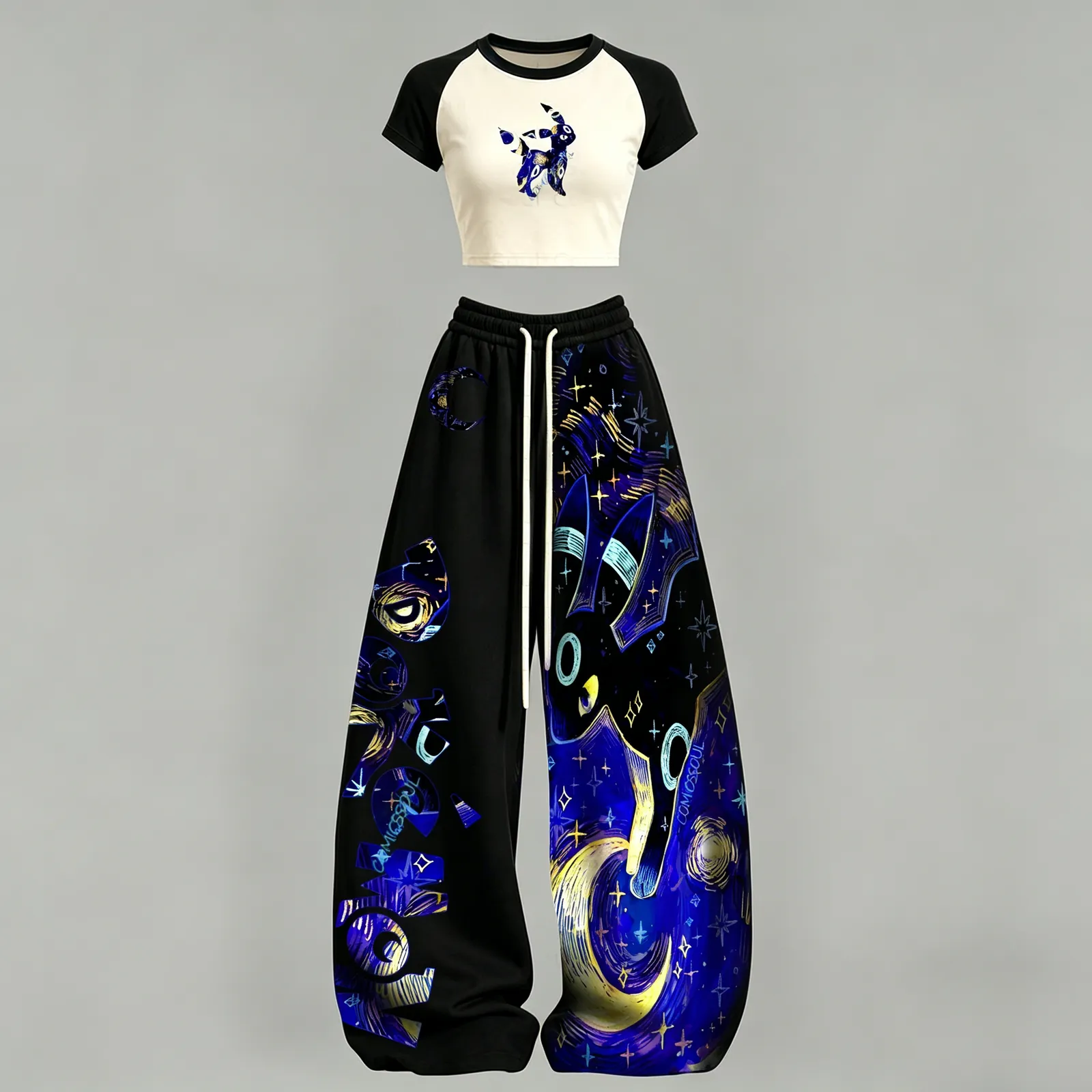 Pokémon Umbreon Crop Tee and Wide Leg Trousers Two-Piece Set, Starry Night Swirl Print, Women's Eeveelution Gamer Matching Lounge Outfit