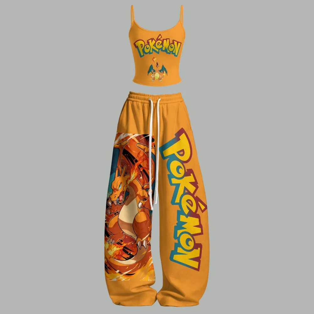 Pokémon Charizard Cami Crop Top and Elasticated Wide Leg Trousers Two-Piece Set, Women's Orange Fire-Type Classic Logo Anime Lounge Outfit