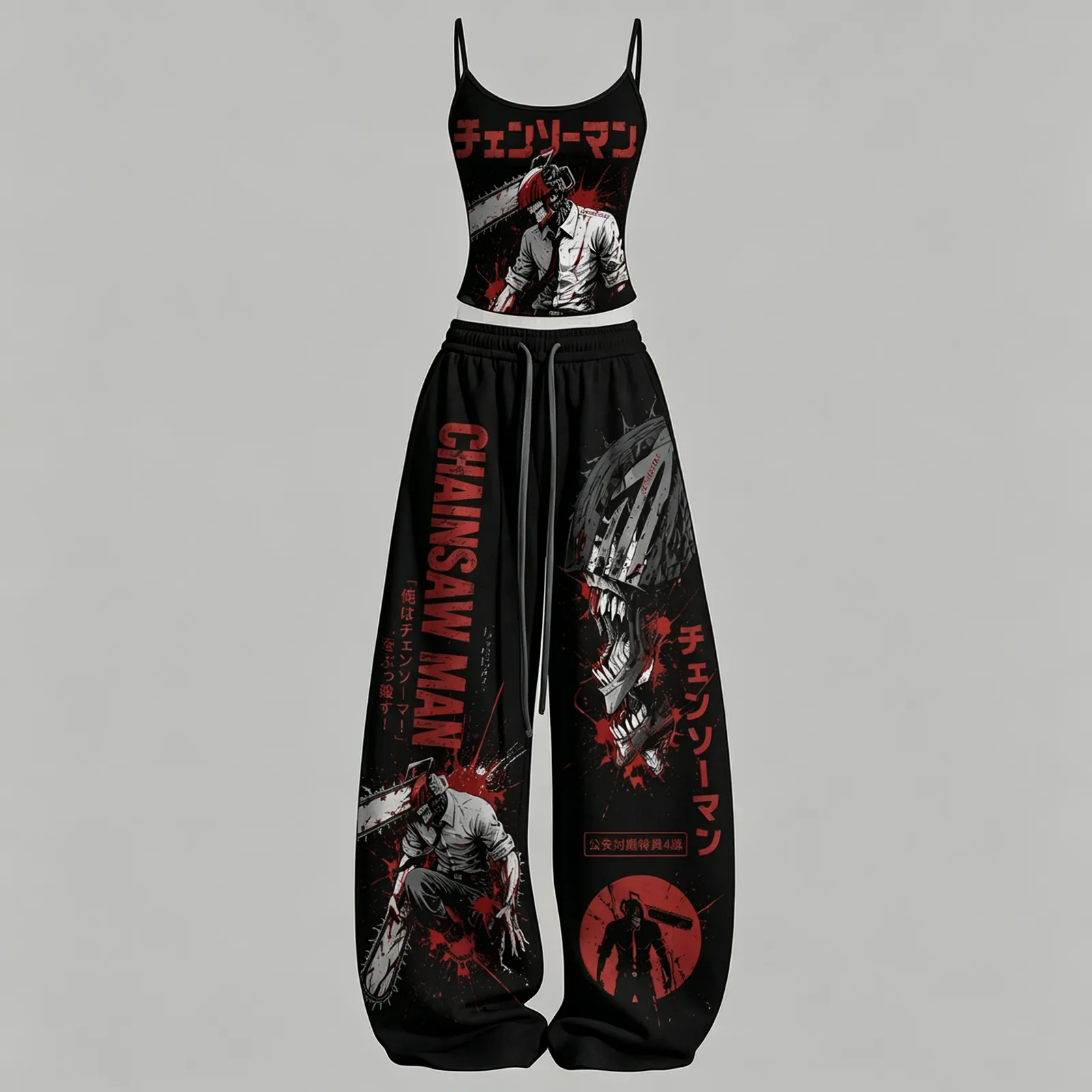 Chainsaw Man Denji Cami Crop Top and Wide Leg Trousers Set, Women's Two-Piece Lounge Outfit, Public Safety Devil Hunter Black and Red Set