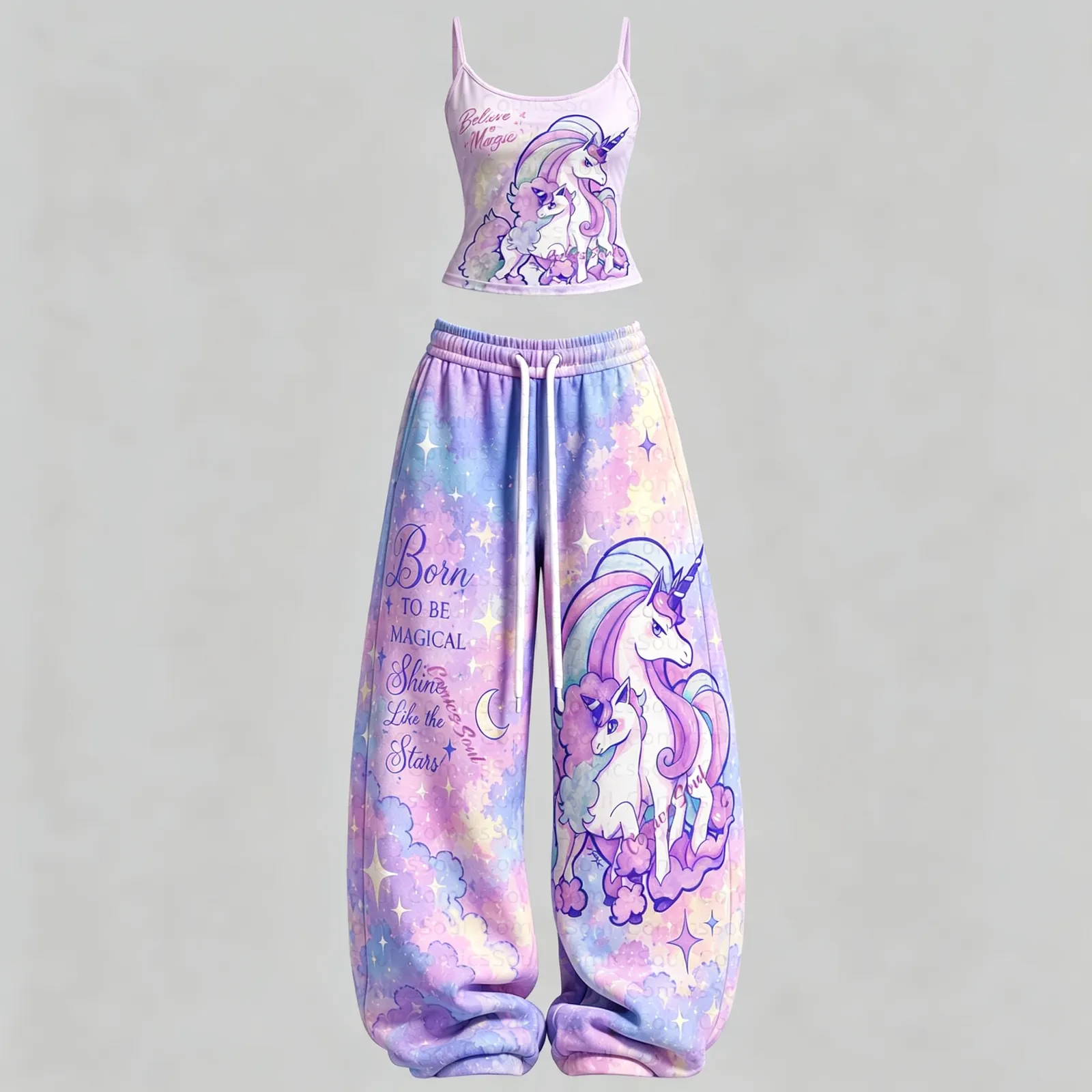 Pokémon Galarian Ponyta Rapidash Cami Crop Top and Wide Leg Trousers Two-Piece Set, Women's Pastel Unicorn Lounge Outfit, Believe in Magic Set