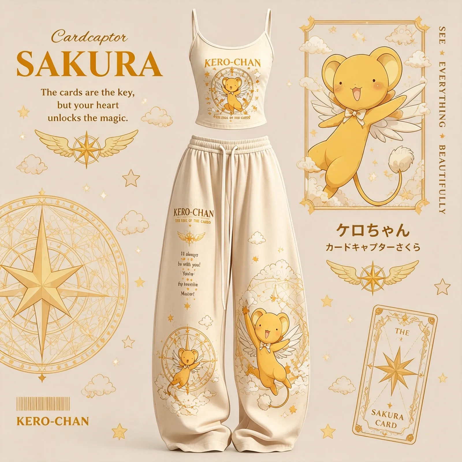 Cardcaptor Sakura Kero-chan Cami Crop Top and Wide Leg Trousers Two-Piece Set, Cream and Gold Magic Circle Print, Women's Anime Lounge Outfit