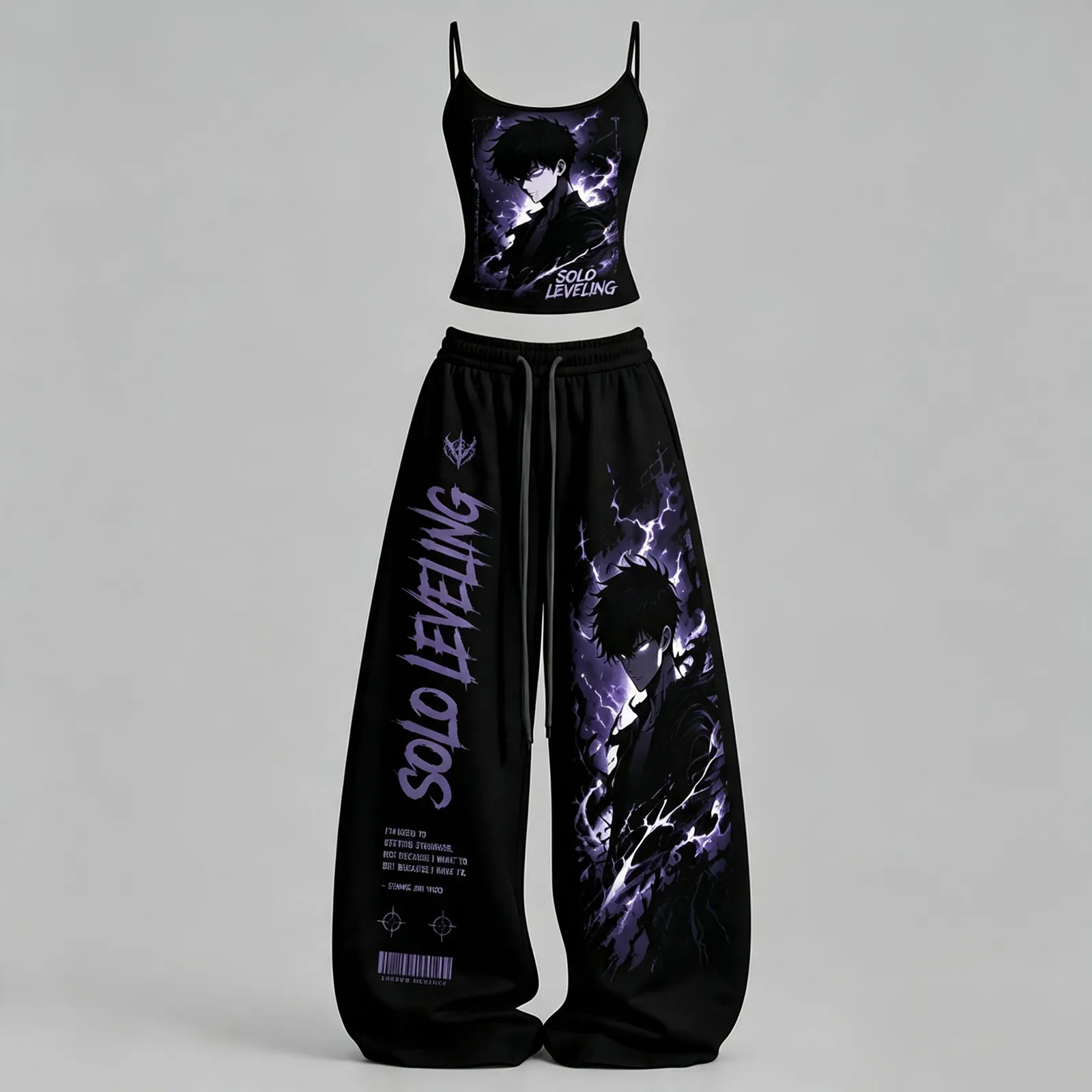 Solo Leveling Sung Jinwoo Cami Crop Top and Wide Leg Trousers Two-Piece Set, Women's Black Lavender Anime Lounge Outfit, Shadow Monarch Gift