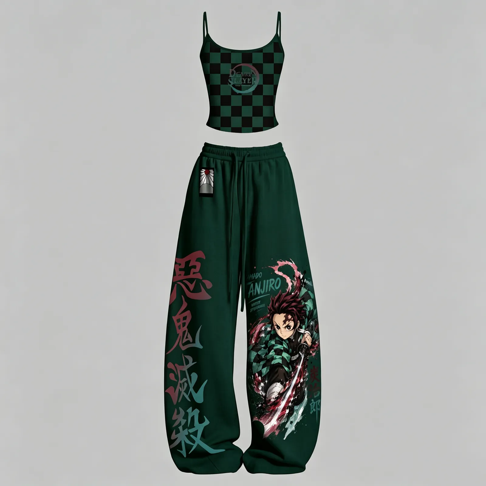 Demon Slayer Tanjiro Kamado Checkered Cami Crop Top and Elasticated Wide Leg Trousers Two-Piece Set, Women's Dark Green and Black Anime Outfit
