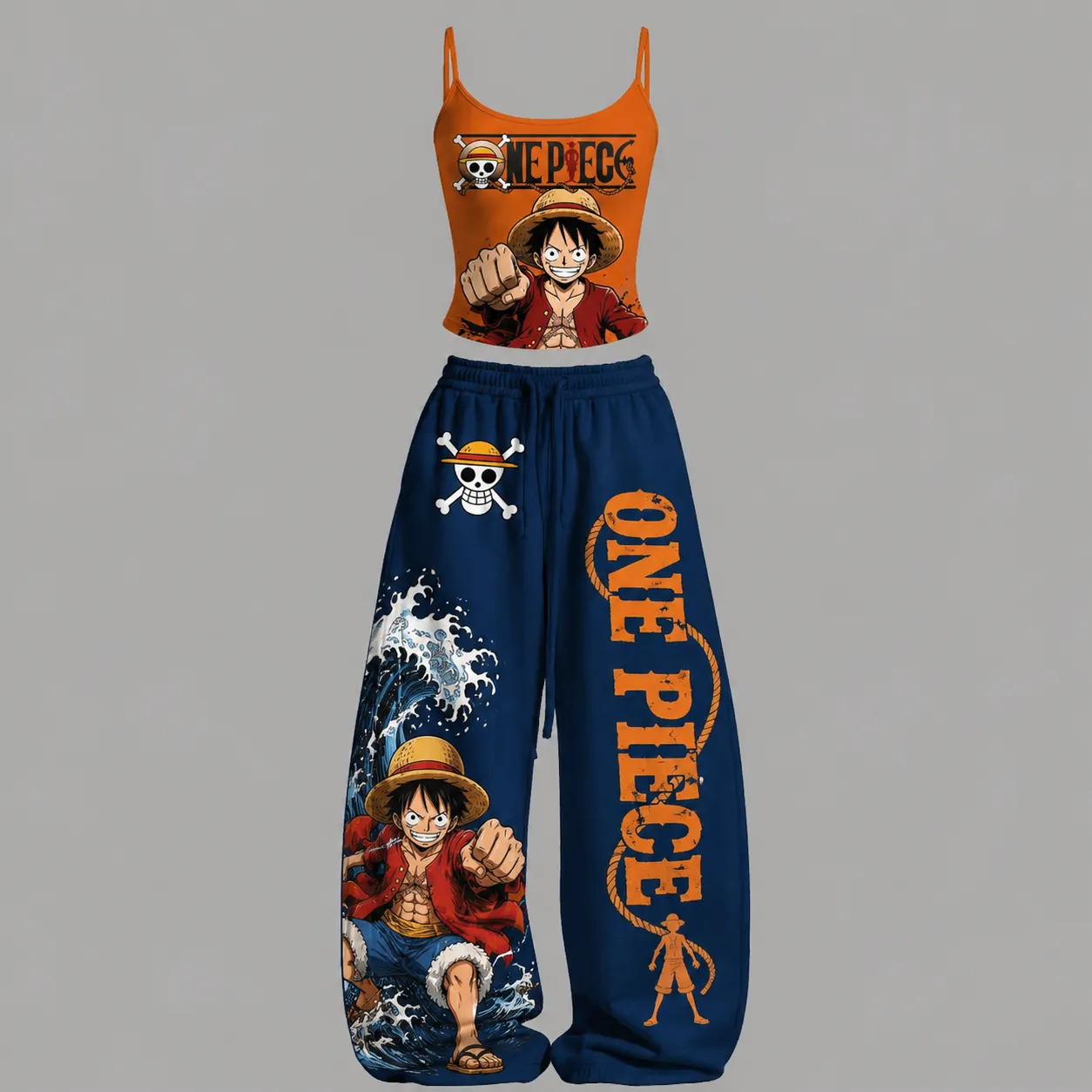 One Piece Monkey D. Luffy Cami Crop Top and Wide Leg Trousers Two-Piece Set, Women's Orange and Navy Anime Lounge Outfit, Straw Hat Matching Set