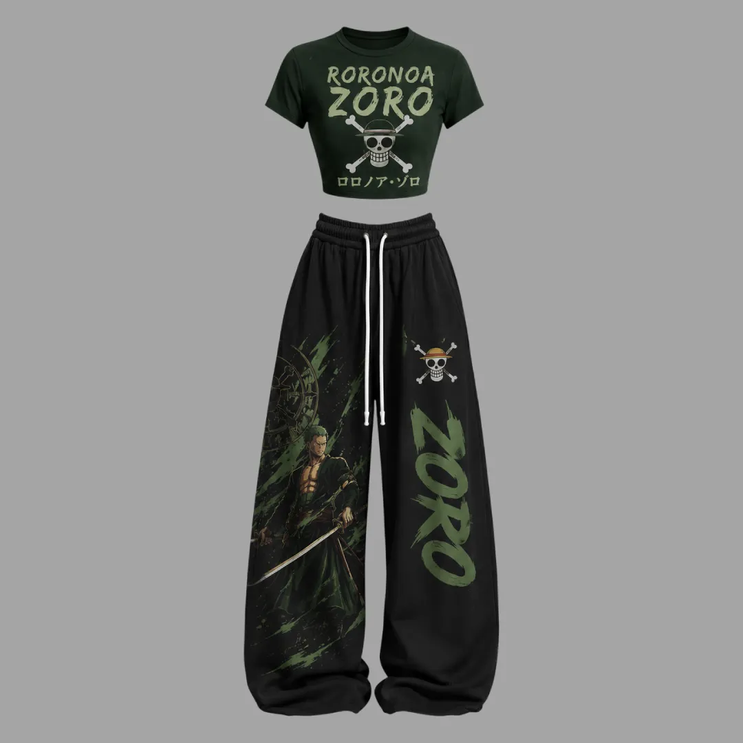 One Piece Roronoa Zoro Crop Tee and Wide Leg Trousers Two-Piece Set, Women's Green and Black Anime Lounge Outfit, Straw Hat Pirates Matching Set