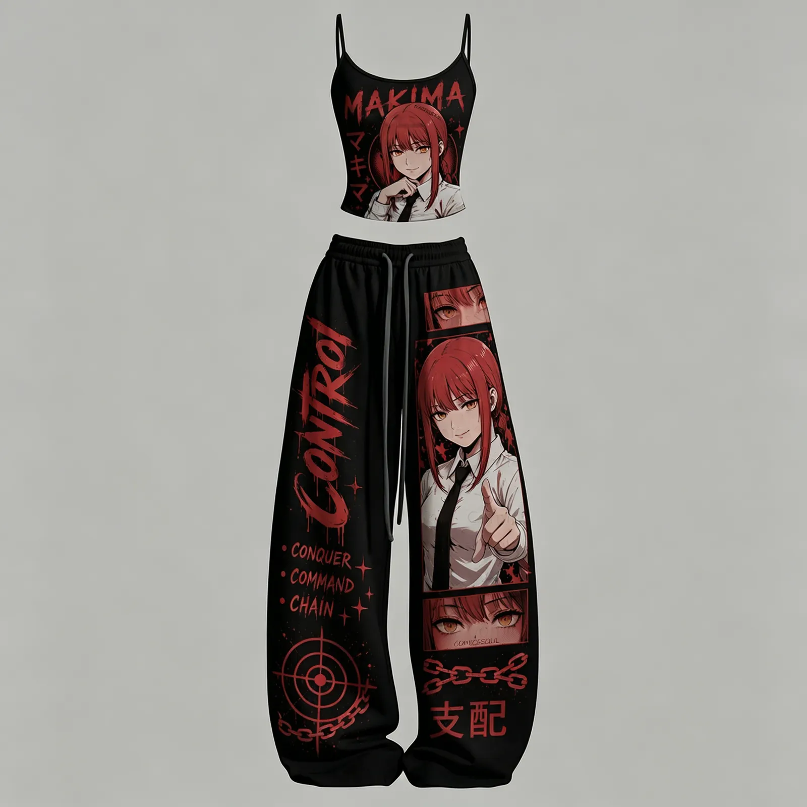 Chainsaw Man Makima Control Devil Cami Crop Top and Elasticated Wide Leg Trousers Two-Piece Set, Women's Black and Red Manga Panel Anime Outfit
