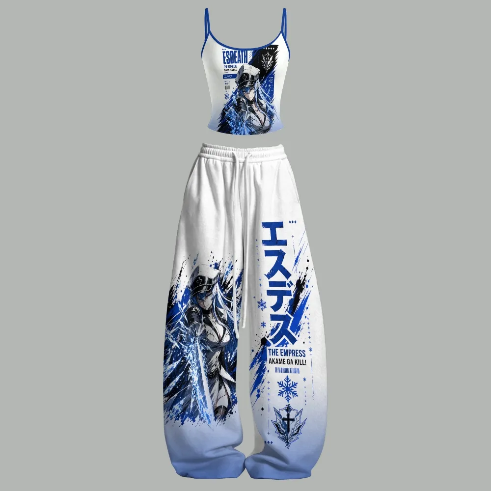 Akame ga Kill! Esdeath Cami Crop Top and Wide Leg Trousers Two-Piece Set, Women's White and Blue The Empress Ice Anime Lounge Outfit, Fan Gift