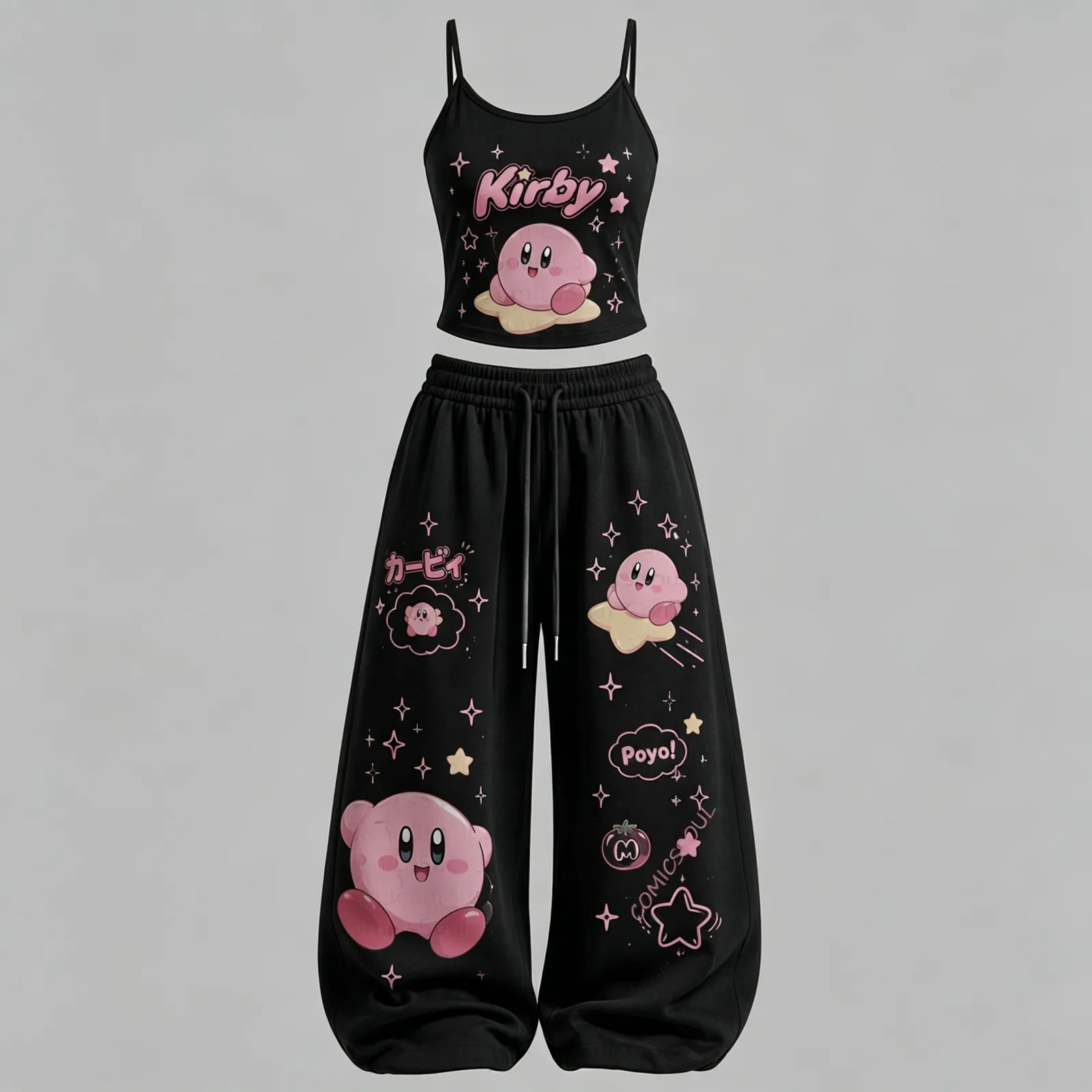 Kirby's Dream Land Cami Crop Top and Wide Leg Trousers Two-Piece Set, Women's Black and Pink Kirby Poyo Warp Star Lounge Outfit, Gamer Gift