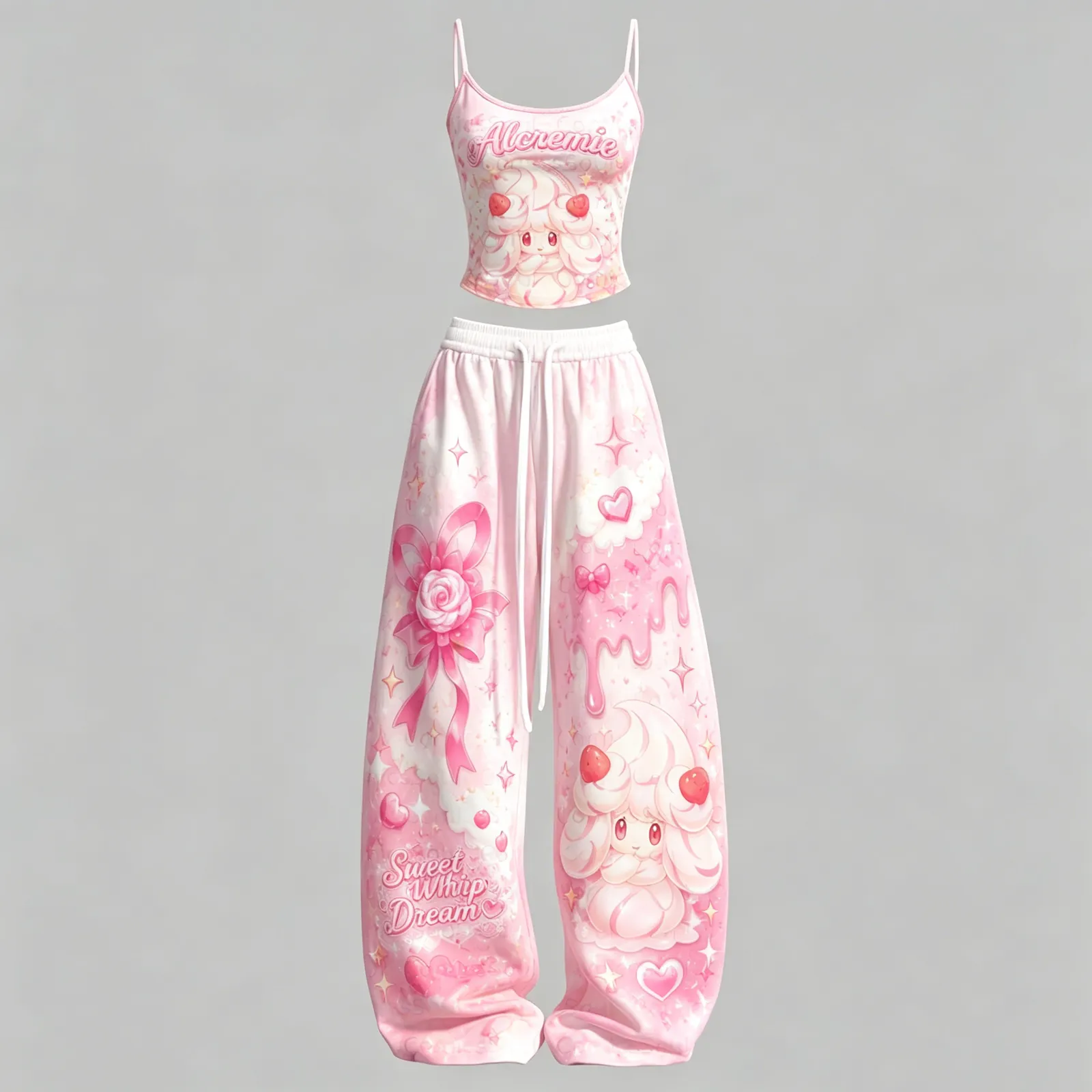 Pokémon Alcremie Cami Crop Top and Wide Leg Trousers Two-Piece Set, Women's Pastel Pink Sweet Whip Dream Lounge Outfit, Kawaii Strawberry Gift