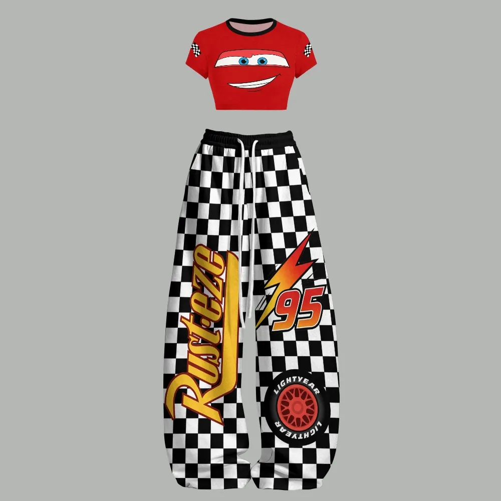 Lightning McQueen Women Crop Tee and Wide Leg Trousers Two-Piece Set, Cars Rust-eze 95 Checkered Racing Lounge Outfit, Disney Pixar Gift