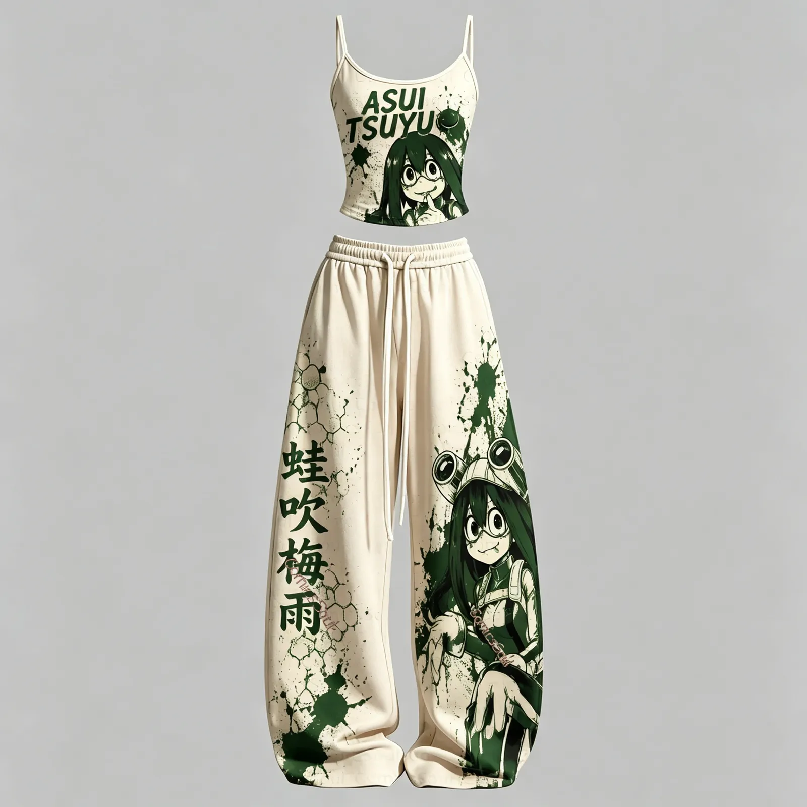 My Hero Academia Tsuyu Asui Froppy Cami Crop Top and Wide Leg Trousers Two-Piece Set, Women's Cream Forest Green Anime Lounge Outfit, MHA Gift