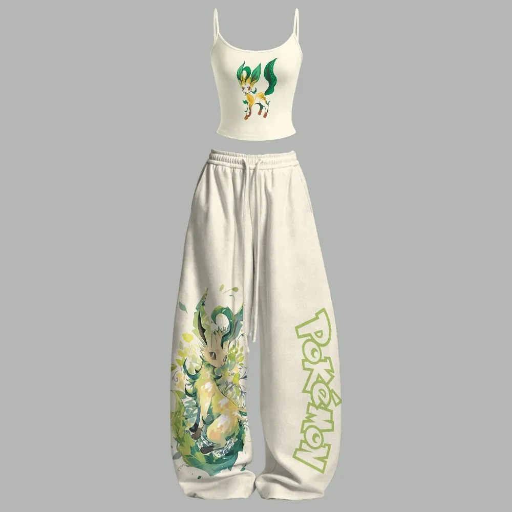 Pokémon Leafeon Cami Crop Top and Wide Leg Trousers Two-Piece Set, Women's Cream and Green Anime Lounge Outfit, Grass Type Eevee Evolution Set