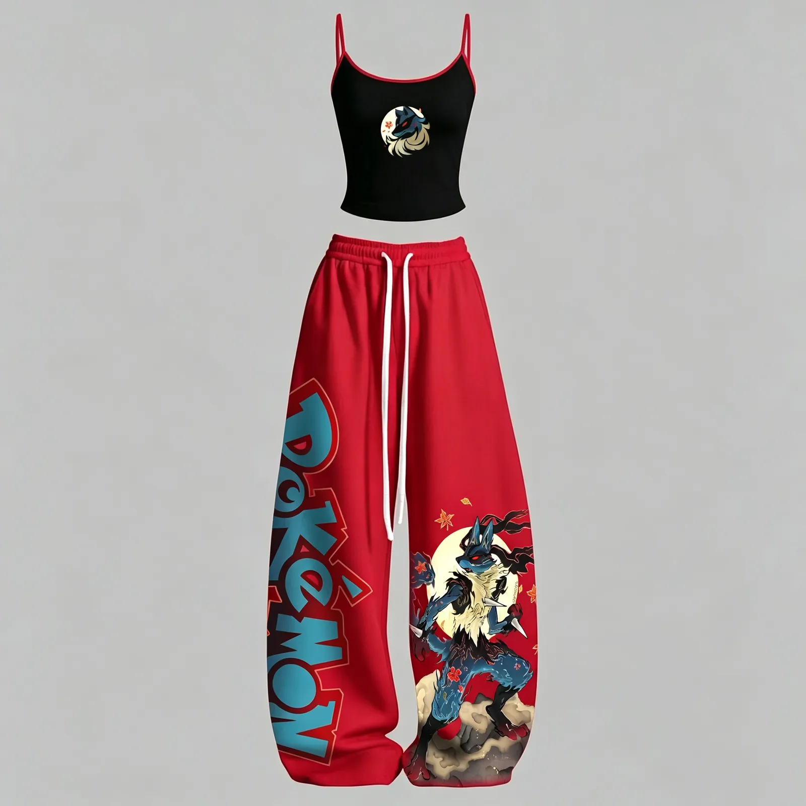 Pokémon Mega Lucario Cami Crop Top and Wide Leg Trousers Two-Piece Set, Women's Black and Red Full Moon Japanese Art Lounge Outfit, Pokémon Gift
