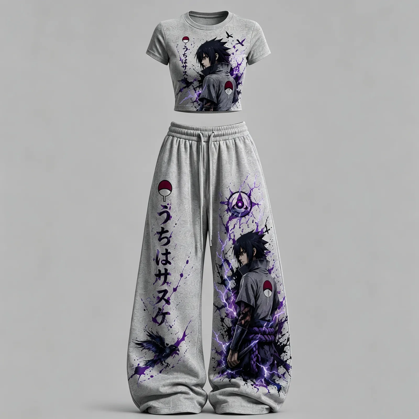 Naruto Uchiha Sasuke Crop Tee and Wide Leg Trousers Two-Piece Set, Women's Heather Grey Purple Lightning Anime Lounge Outfit, Matching Set