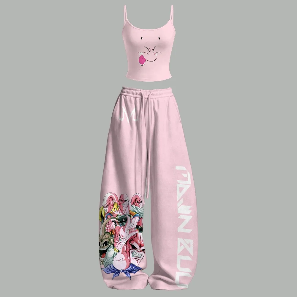 Dragon Ball Majin Buu Face Cami Crop Top and Elasticated Wide Leg Trousers Two-Piece Set, Women's Baby Pink Funny Tongue Anime Lounge Outfit