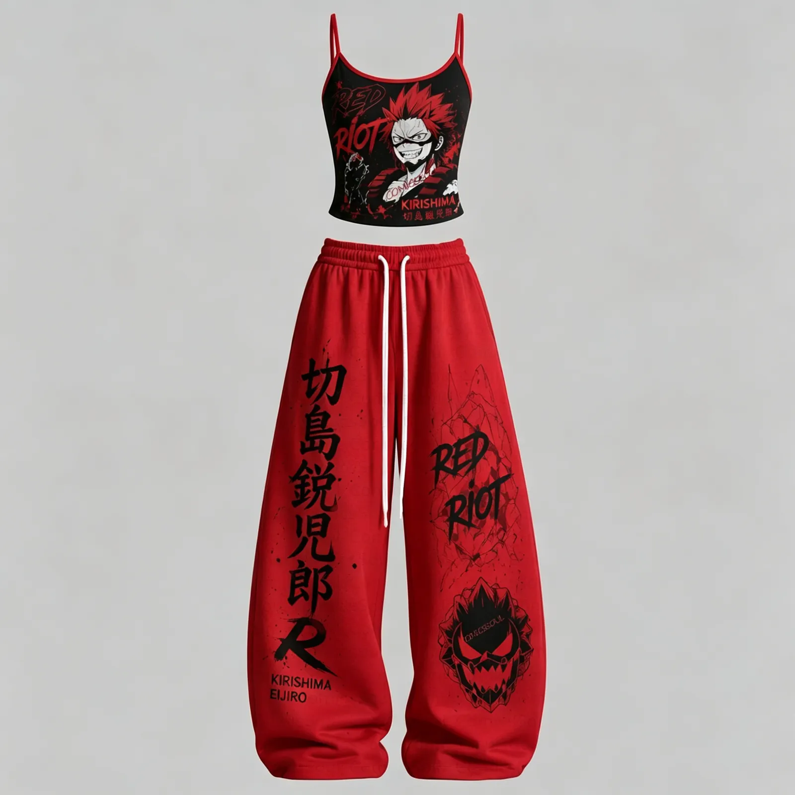 My Hero Academia Kirishima Eijiro Red Riot Cami Crop Top and Wide Leg Trousers Two-Piece Set, Scarlet Black Anime Lounge Outfit, Women's Co-ord