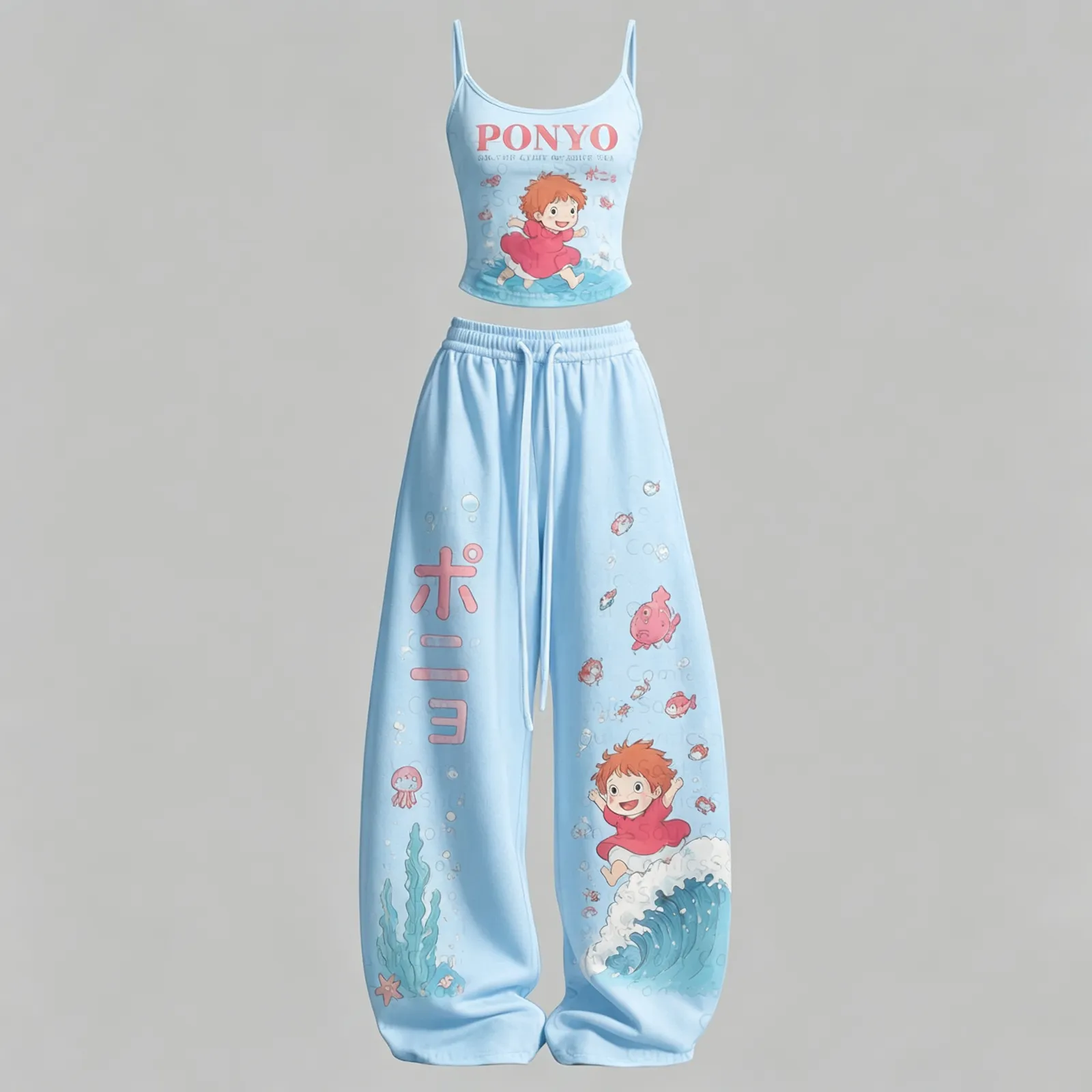 Ponyo on the Cliff by the Sea Cami Crop Top and Wide Leg Trousers Two-Piece Set, Women's Light Blue Ocean Wave Lounge Outfit, Matching Set