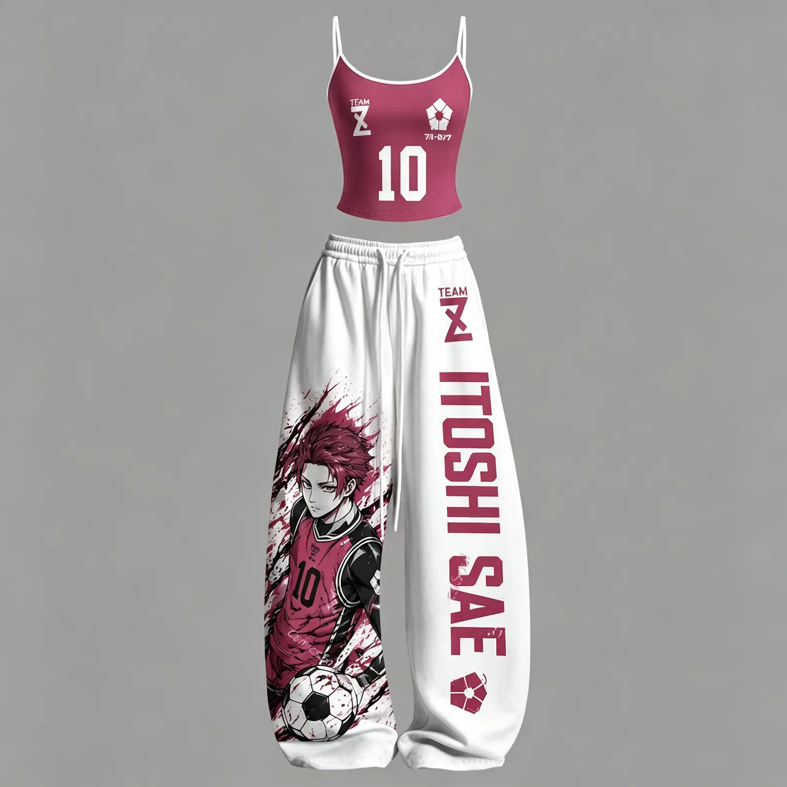 Blue Lock Itoshi Sae Cami Crop Top and Wide Leg Trousers Two-Piece Set, Women's Magenta and White Number 10 Soccer Anime Lounge Outfit
