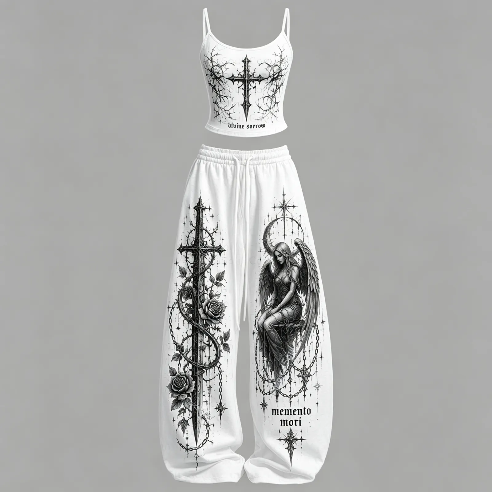 Gothic Heart Divine Sorrow Cami Crop Top and Wide Leg Trousers Two-Piece Set, Women's White Memento Mori Angel Lounge Outfit, Goth Matching Set