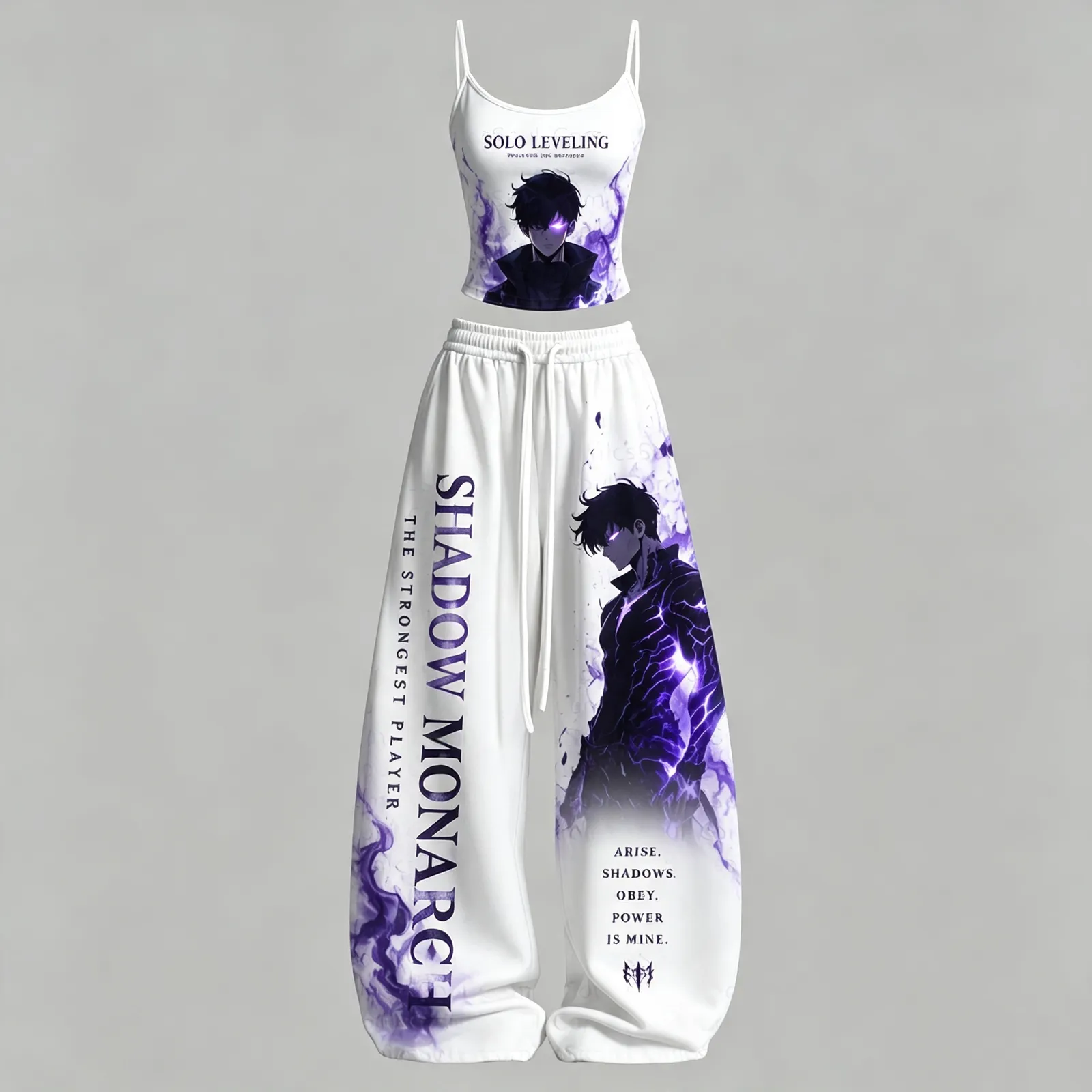 Solo Leveling Sung Jinwoo Shadow Monarch Cami Crop Top and Wide Leg Trousers Two-Piece Set, White and Purple Arise Print, Women's Anime Outfit