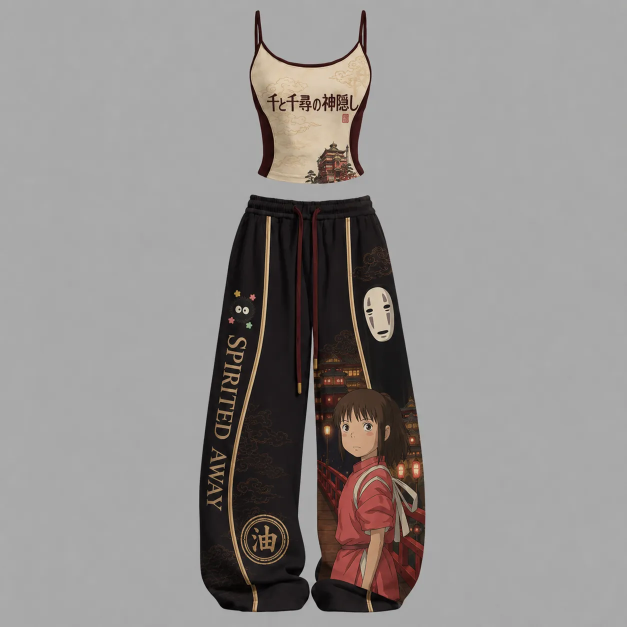 Spirited Away Chihiro No-Face Cami Crop Top and Wide Leg Trousers Two-Piece Set, Women's Studio Ghibli Bathhouse Matching Lounge Outfit