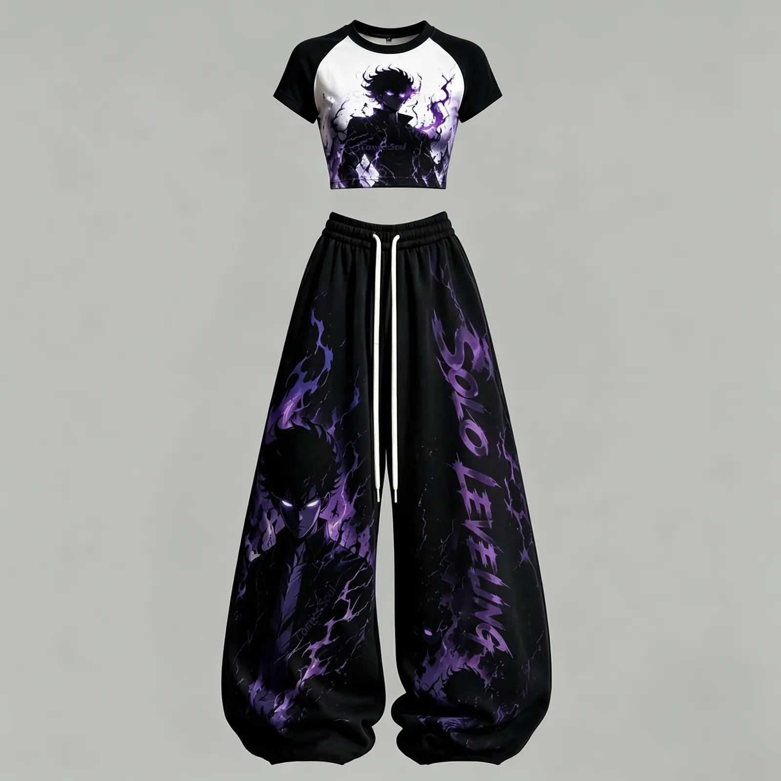 Solo Leveling Sung Jinwoo Crop Tee and Wide Leg Trousers Two-Piece Set, Black and Purple Shadow Monarch Flame Print, Women's Anime Outfit