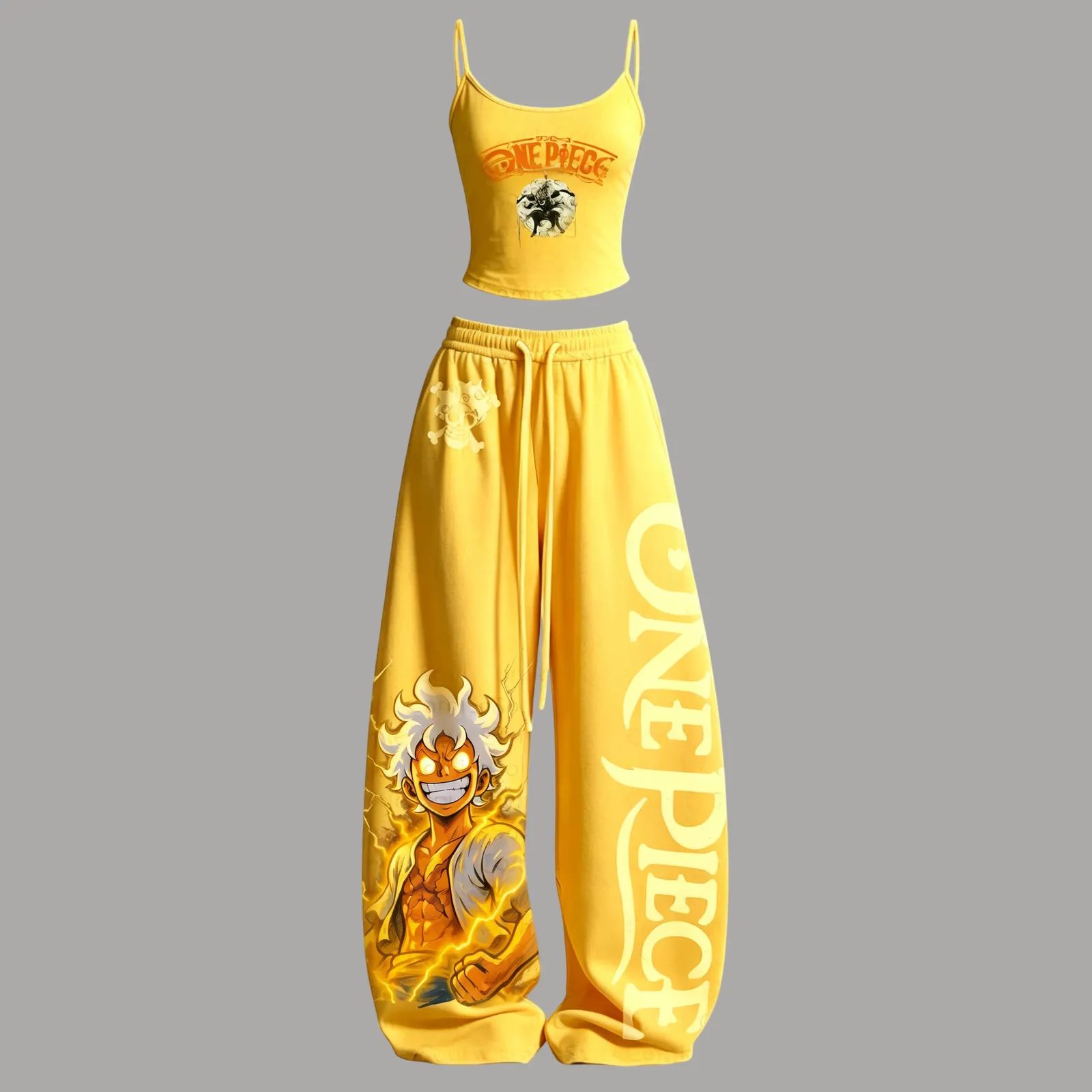 One Piece Luffy Gear 5 Cami Crop Top and Wide Leg Trousers Two-Piece Set, Women's Yellow Sun God Nika Anime Lounge Outfit, Straw Hat Matching Set