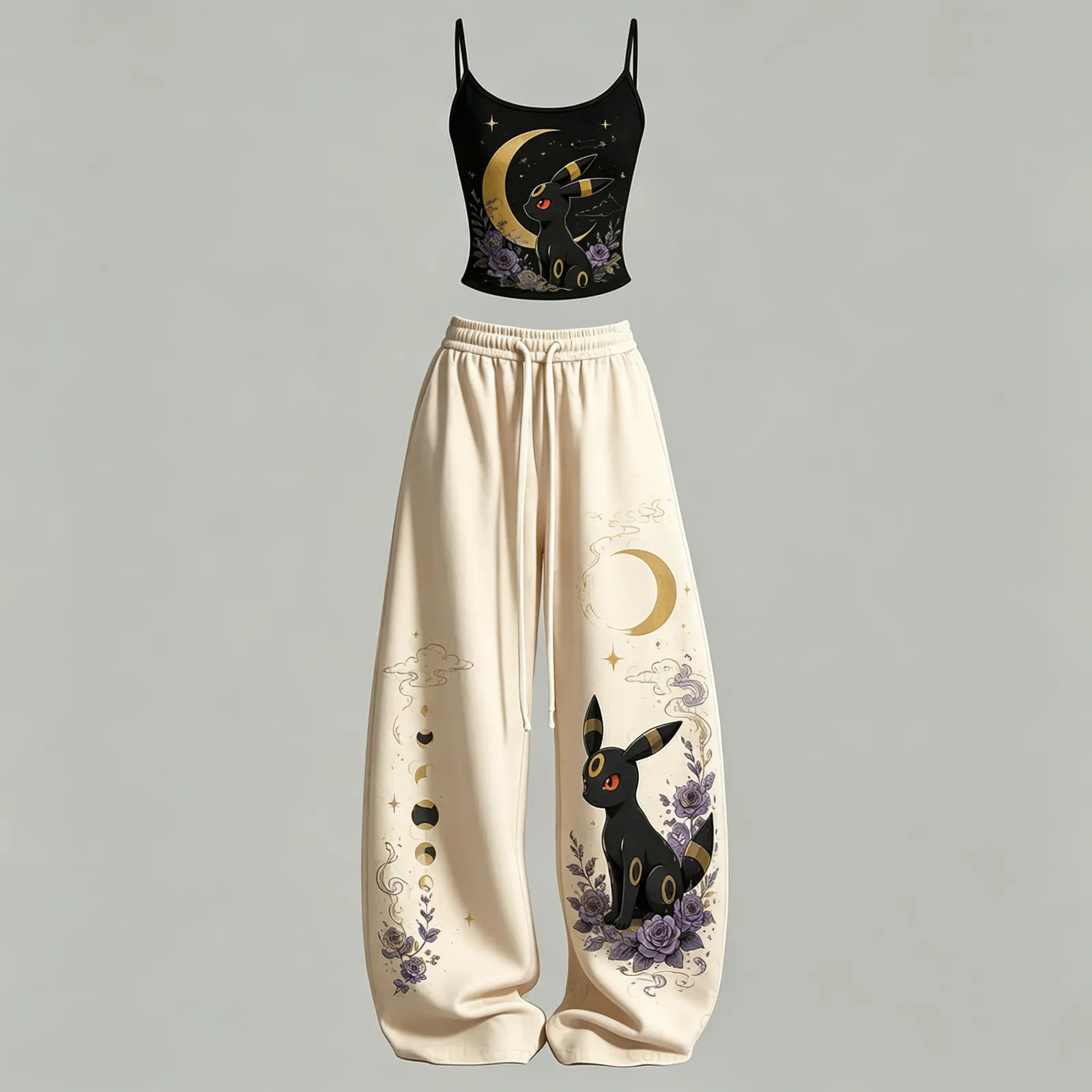 Pokémon Umbreon Crescent Moon Cami Crop Top and Wide Leg Trousers Set, Women's Two-Piece Lounge Outfit, Eeveelution Purple Rose Matching Set