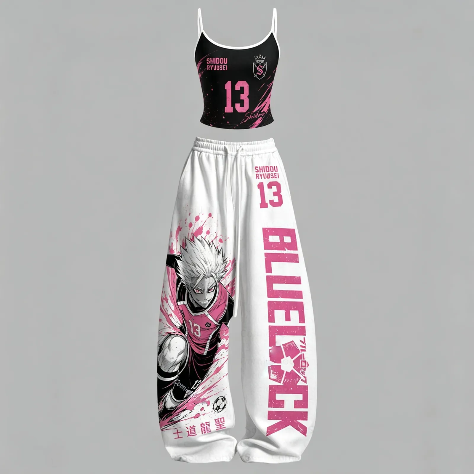 Blue Lock Shidou Ryusei Number 13 Cami Crop Top and Wide Leg Trousers Set, Women's Two-Piece Lounge Outfit, Pink Soccer Jersey Anime Set