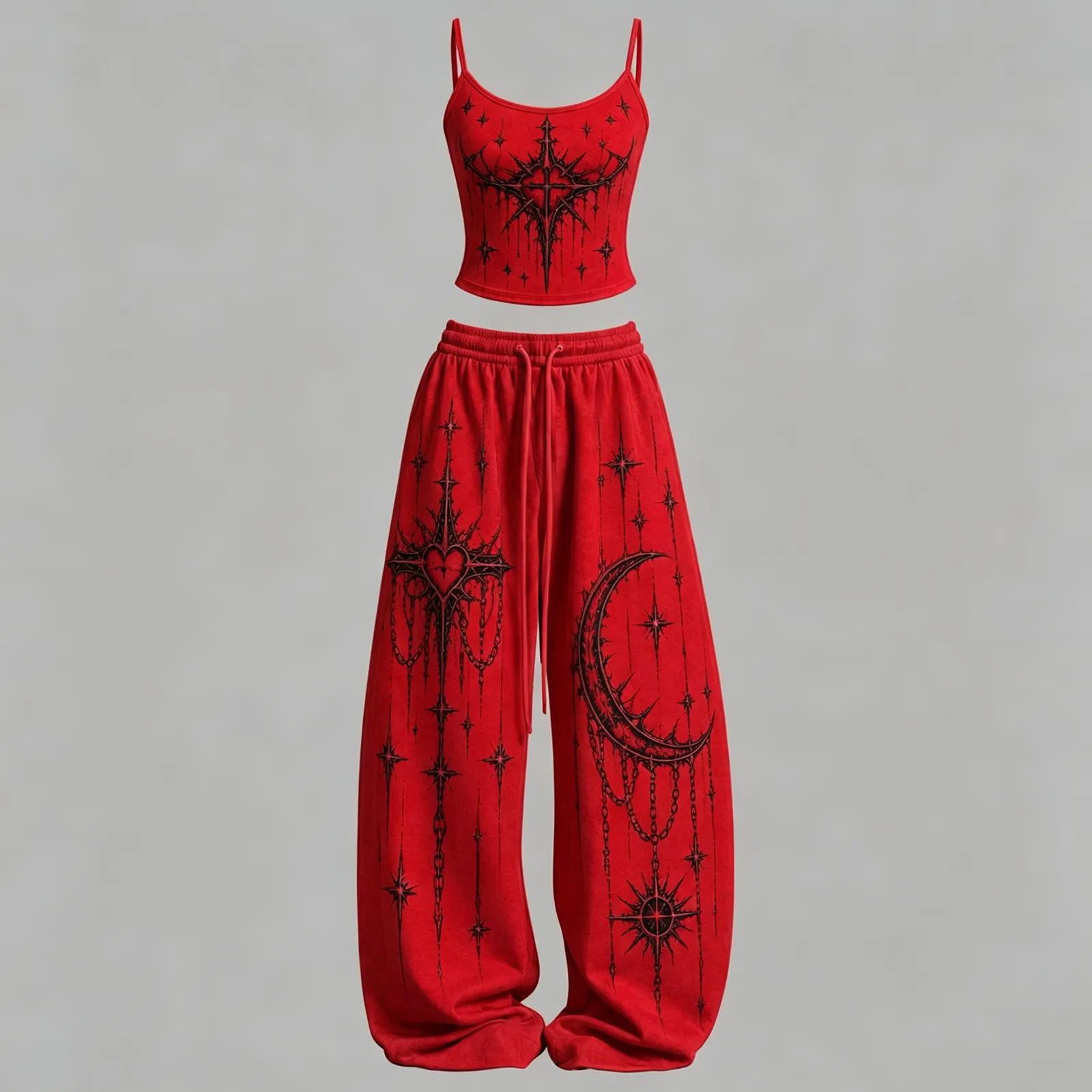Gothic Heart Cami Crop Top and Wide Leg Trousers Two-Piece Set, Women's Red Black Thorn Cross Crescent Moon Lounge Outfit, Goth Alt Matching Set