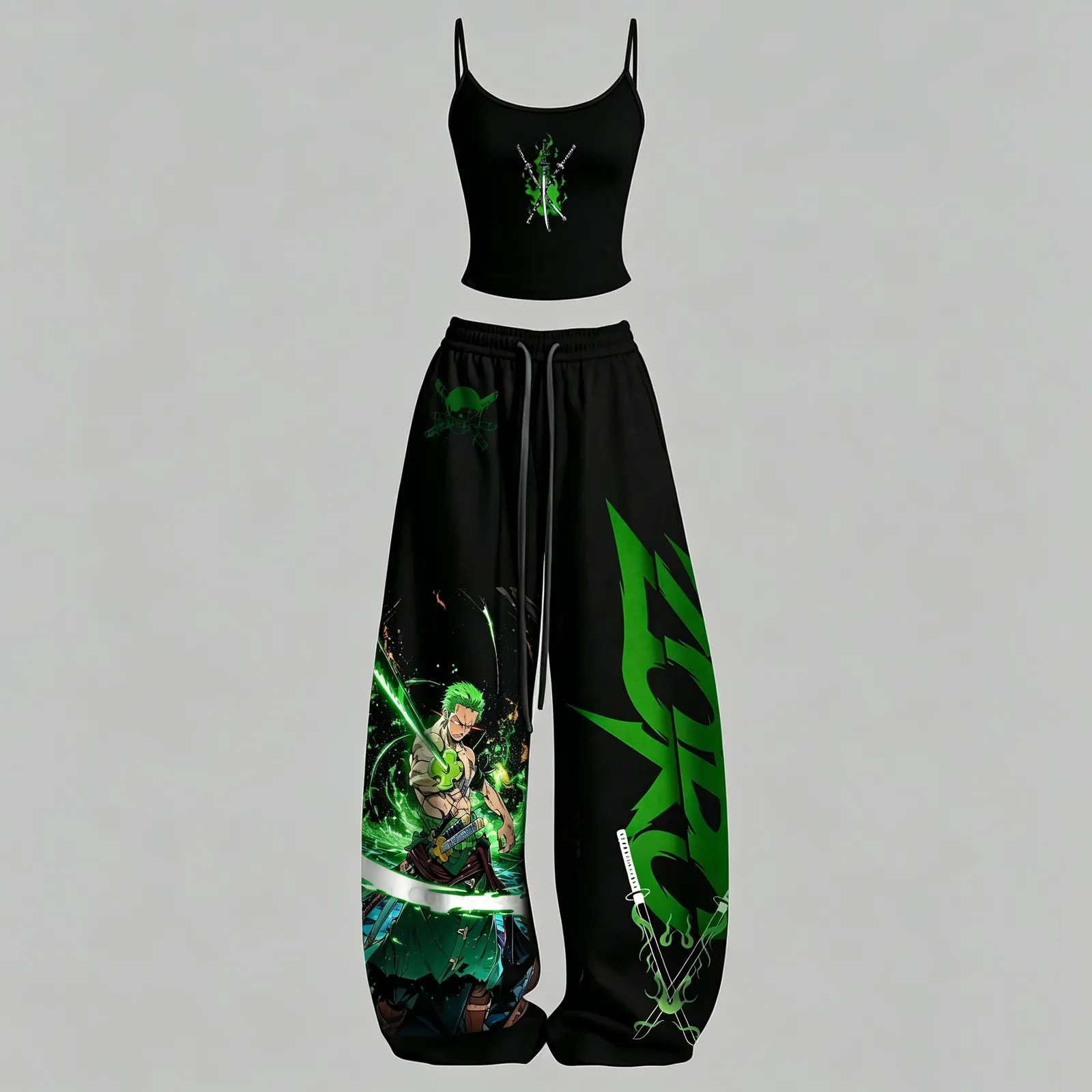 One Piece Roronoa Zoro Cami Crop Top and Wide Leg Trousers Two-Piece Set, Women's Black and Green Anime Lounge Outfit, Straw Hat Pirates Fan Set