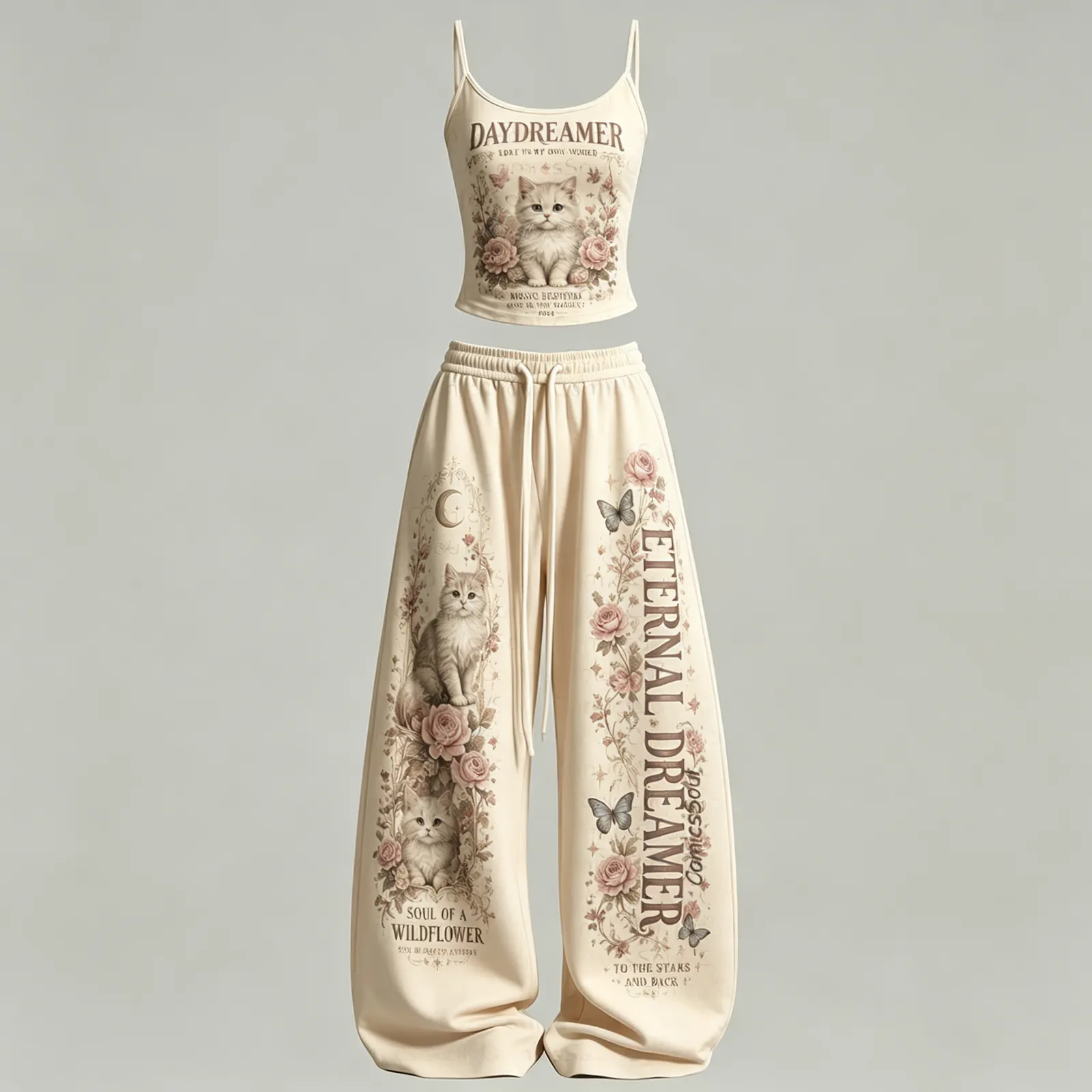 Women's Flowers and Cats Cami Crop Top and Wide Leg Trousers Two-Piece Set, Vintage Daydreamer Kitten and Roses Lounge Outfit, Cat Lover Gift