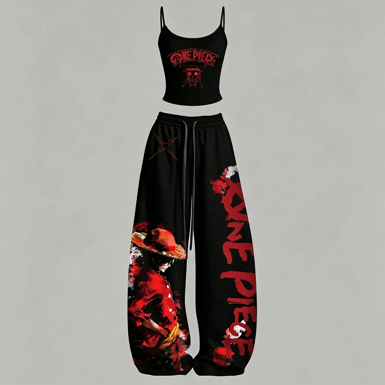 One Piece Monkey D. Luffy Straw Hat Cami Crop Top and Elasticated Wide Leg Trousers Two-Piece Set, Women's Black and Red Pirate Anime Outfit
