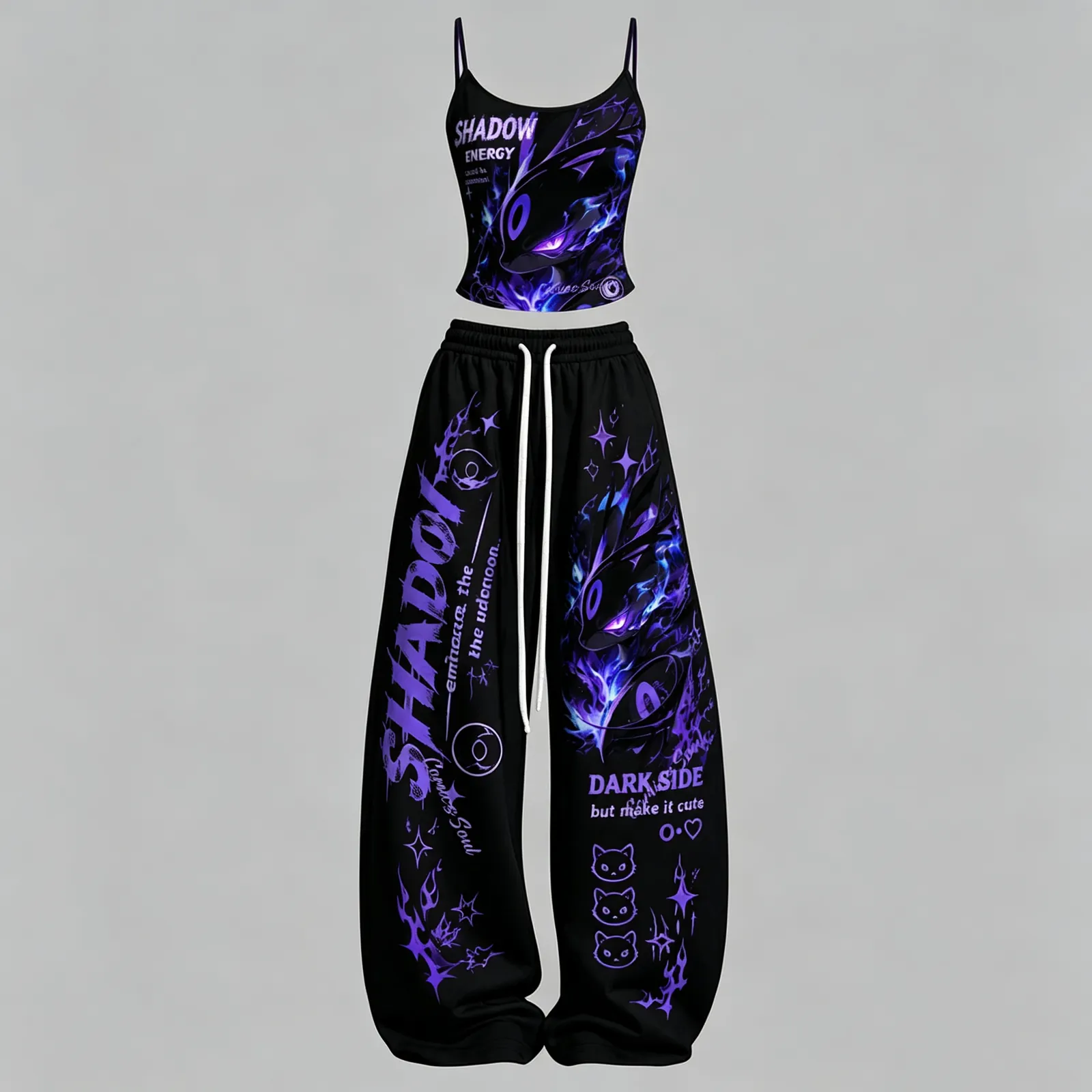 Pokémon Shadow Umbreon Cami Crop Top and Wide Leg Trousers Set, Women's Two-Piece Lounge Outfit, Dark Side But Make It Cute Purple Flame Set