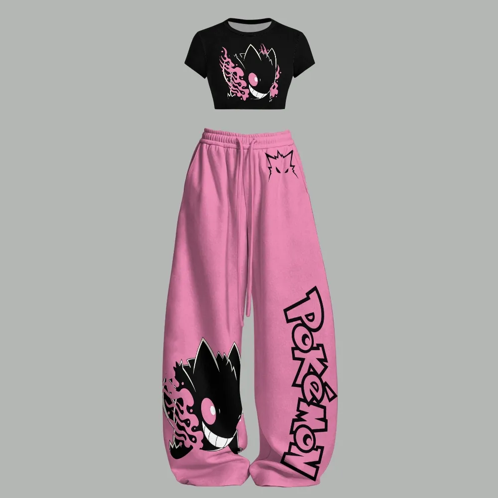Pokémon Gengar Crop Tee and Pink Wide Leg Trousers Set, Women's Two-Piece Lounge Outfit, Ghost Type Grin Spooky Cute Halloween Matching Set