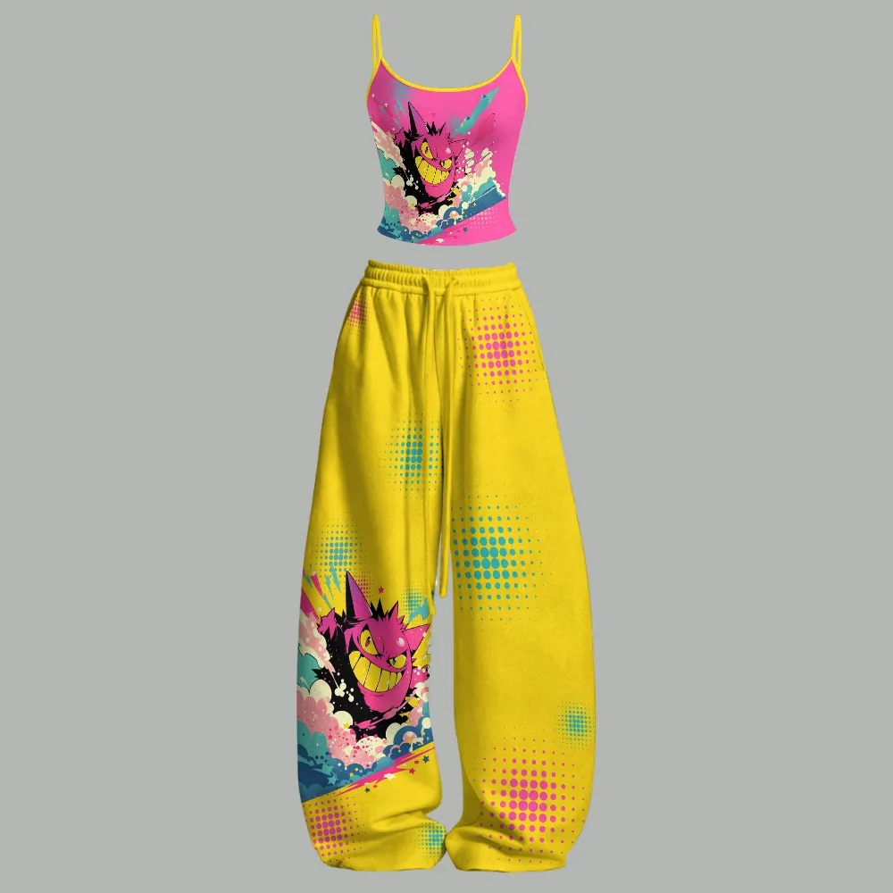 Pokémon Gengar Cami Crop Top and Wide Leg Trousers Two-Piece Set, Women's Hot Pink and Yellow Pop Art Ghost Lounge Outfit, Pokémon Fan Gift