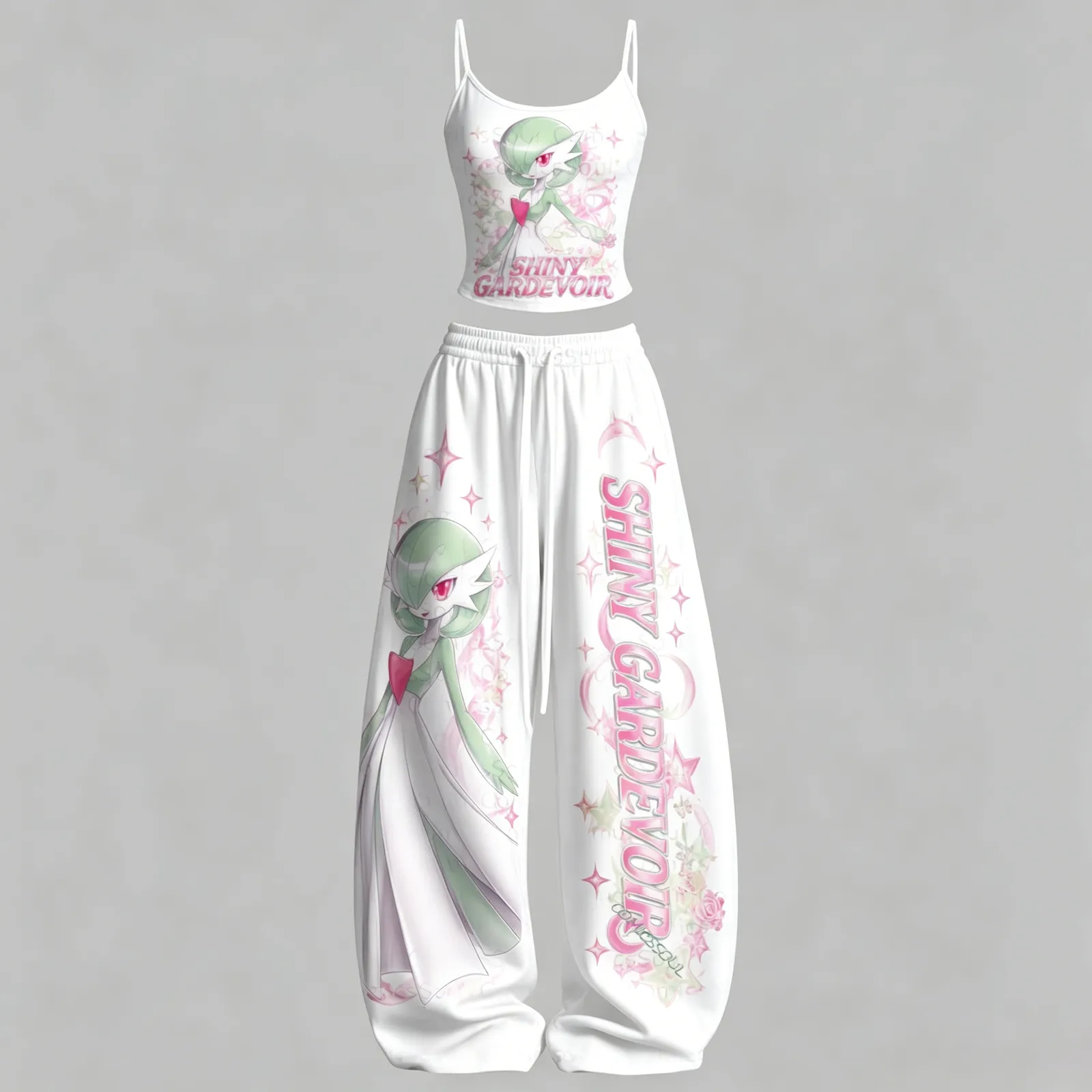 Pokémon Shiny Gardevoir Cami Crop Top and White Wide Leg Trousers Set, Women's Two-Piece Lounge Outfit, Pink Sparkle Psychic Fairy Matching Set