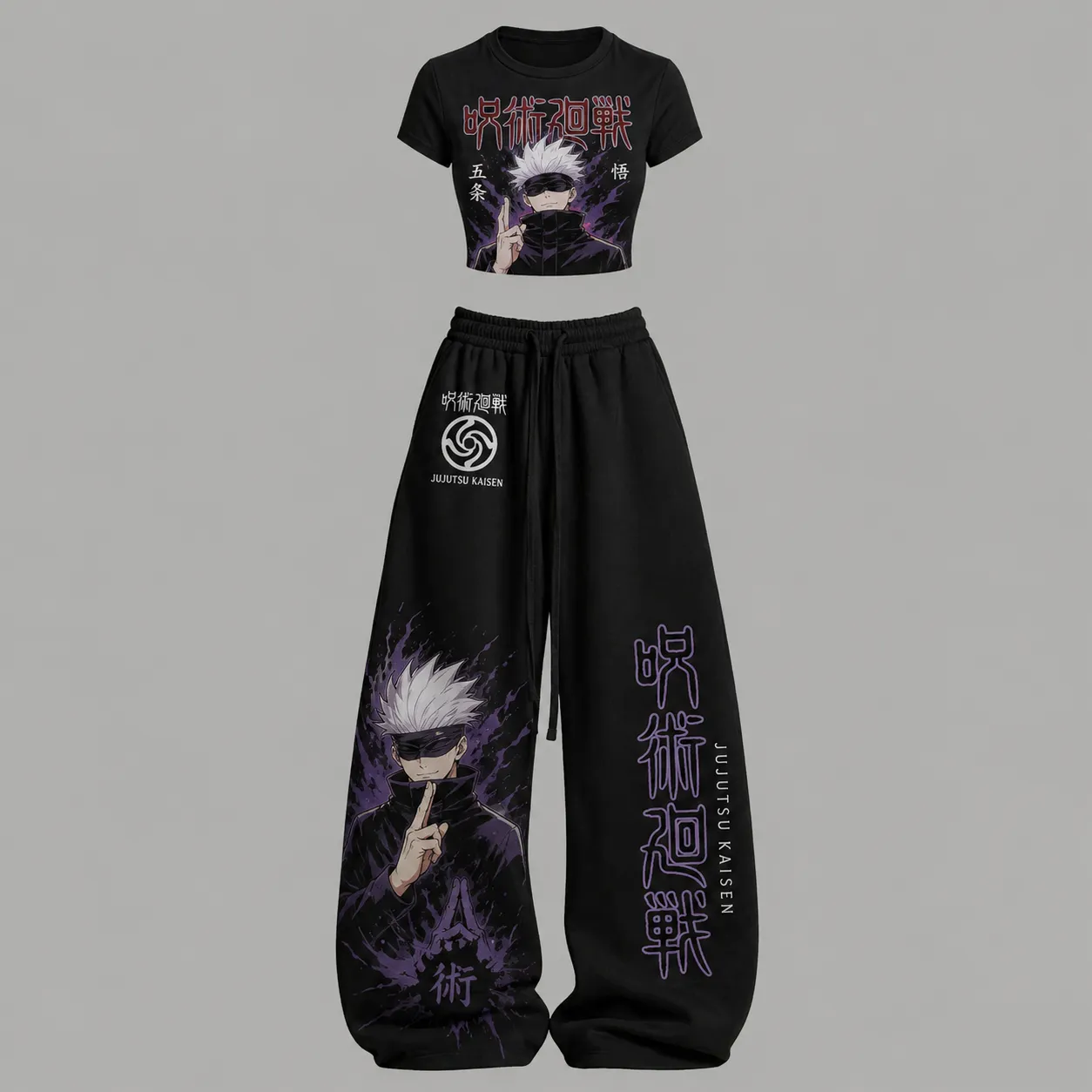Jujutsu Kaisen Satoru Gojo Crop Tee and Wide Leg Trousers Set, Women's Two-Piece Lounge Outfit, Blindfolded Purple Cursed Energy Anime Set