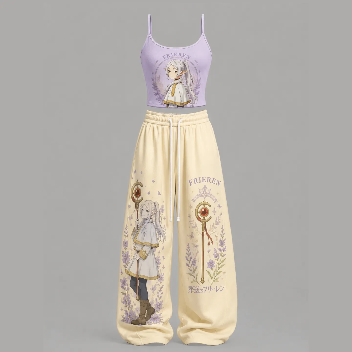 Frieren Beyond Journey's End Cami Crop Top and Wide Leg Trousers Two-Piece Set, Women's Lavender Floral Anime Lounge Outfit, Matching Set