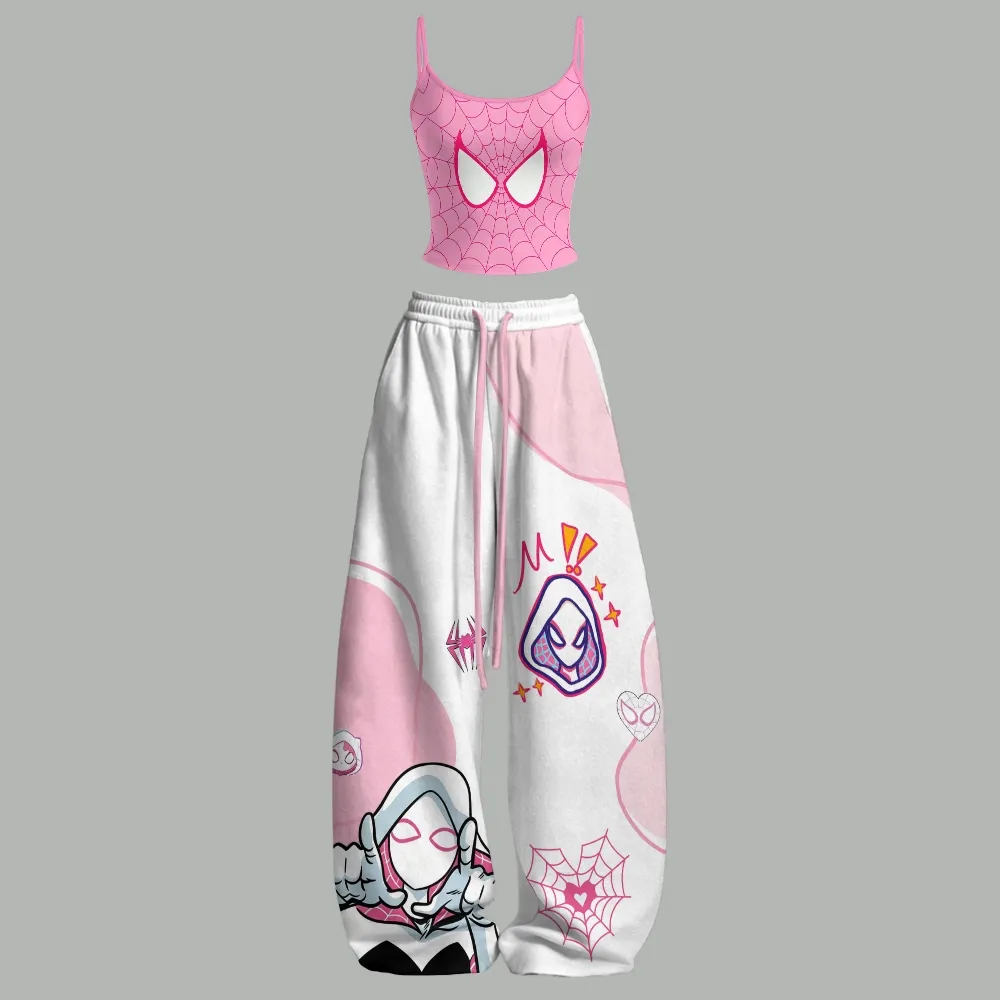 Spider-Man Spider-Gwen Cami Crop Top and Wide Leg Trousers Two-Piece Set, Women's Pink Web Print Lounge Outfit, Marvel Matching Set