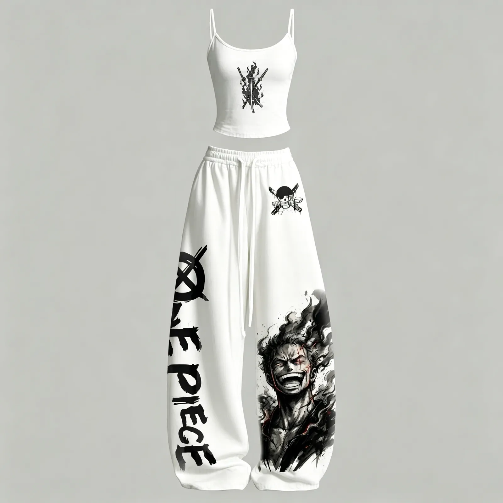 One Piece Roronoa Zoro Cami Crop Top and Wide Leg Trousers Two-Piece Set, Women's Black and White Ink Anime Matching Lounge Outfit, Gift
