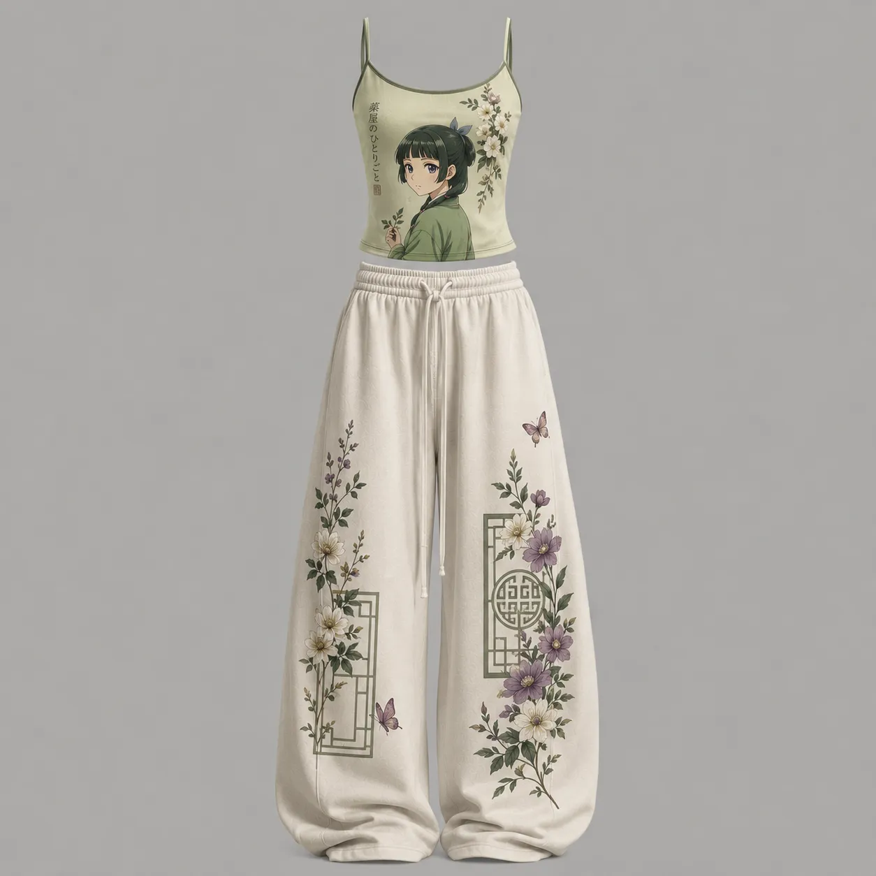 The Apothecary Diaries Maomao Cami Crop Top and Wide Leg Trousers Two-Piece Set, Women's Sage Floral Anime Lounge Outfit, Kusuriya Fan Gift