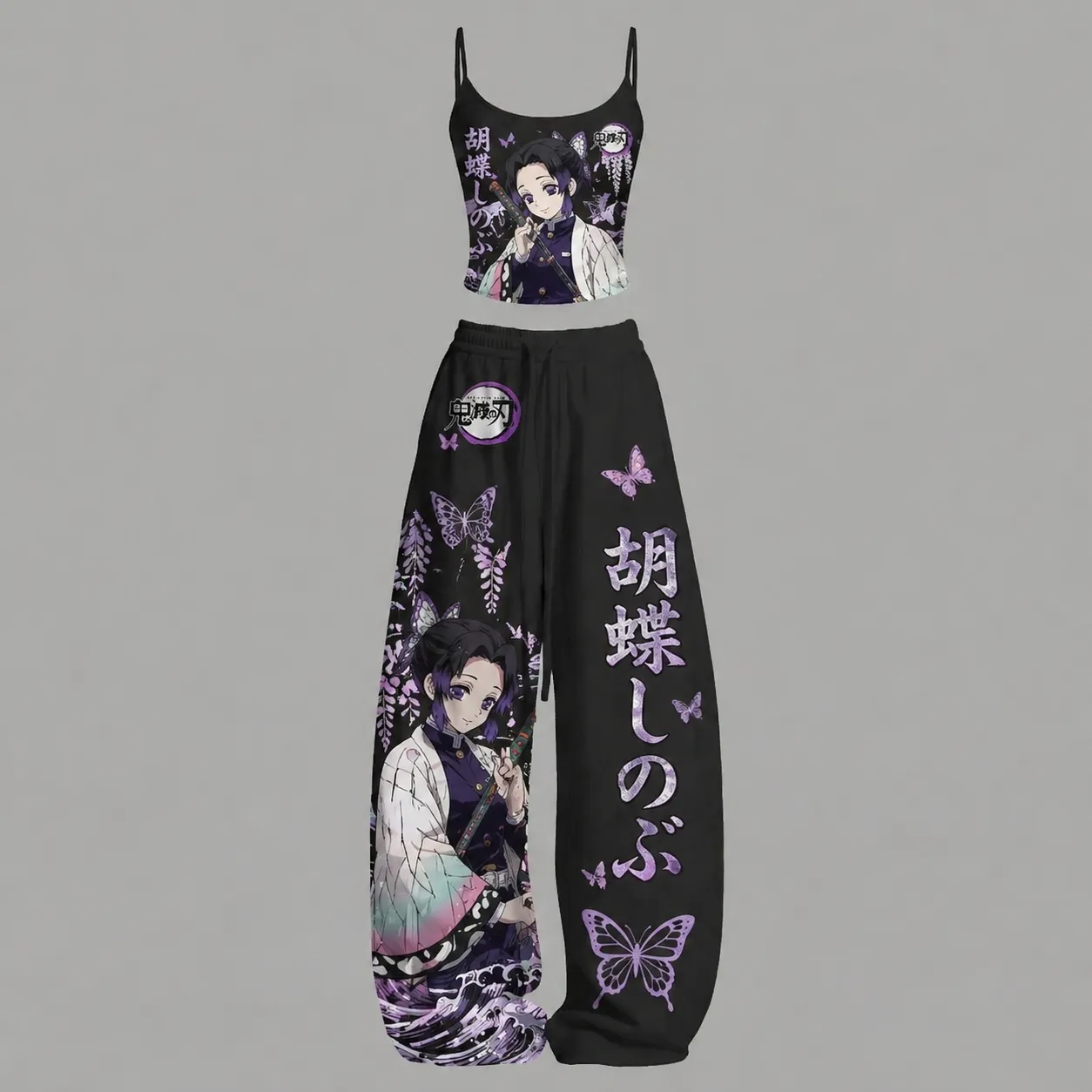Demon Slayer Shinobu Kocho Cami Top and Elasticated Trousers Two-Piece Set, Women's Black and Purple Butterfly Anime Lounge Outfit