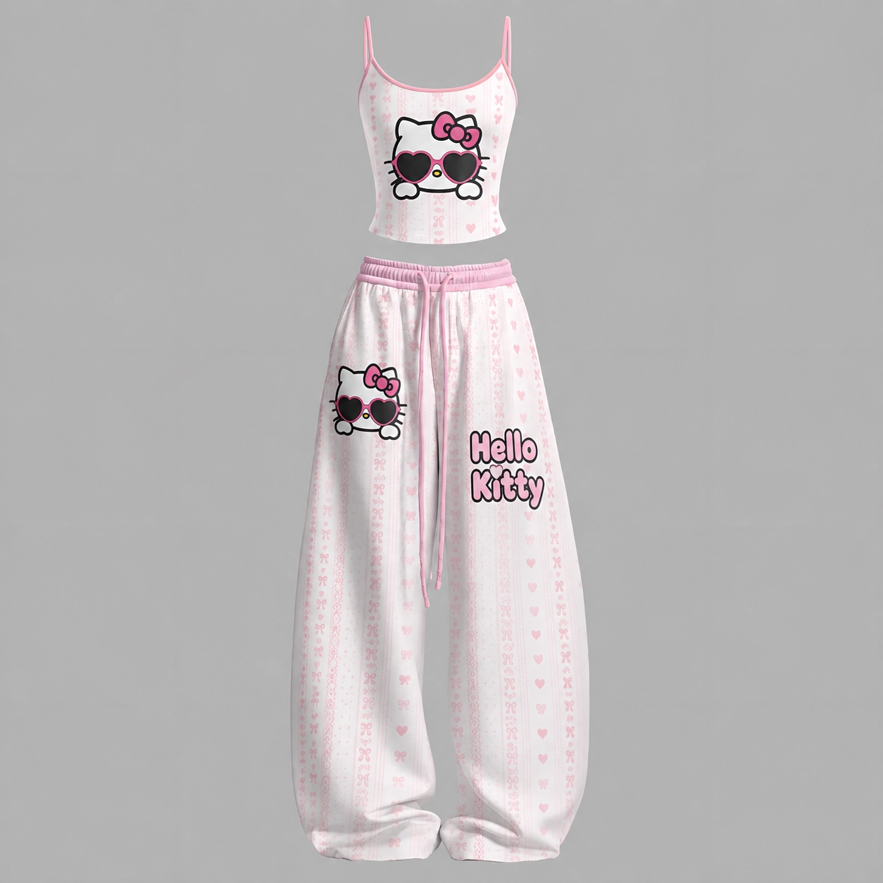 Hello Kitty Heart Sunglasses Cami Crop Top and Wide Leg Trousers Two-Piece Set, Women's Pink and White Bow Pattern Lounge Outfit, Sanrio Gift