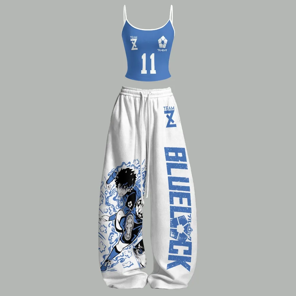 Blue Lock Isagi Yoichi Team Z 11 Cami Crop Top and Wide Leg Trousers Two-Piece Set, Jersey Style Soccer Print, Women's Anime Outfit